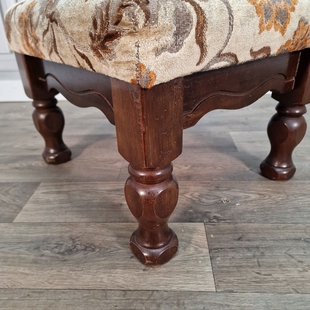 photo for sale Vintage Upholstered Footstool Solid Wood Turned Legs Floral Fabric Top Feet Rest