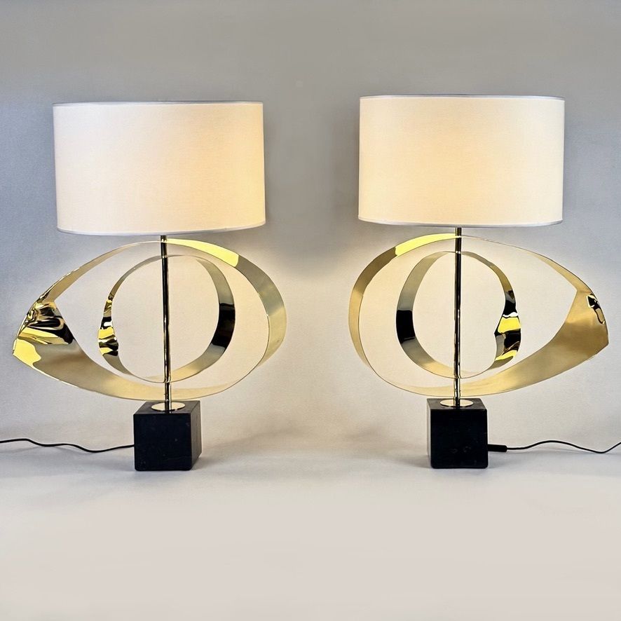 Late 20th Century Pair Of Brass And Black Marquina Marble Sculptural Table Lamps