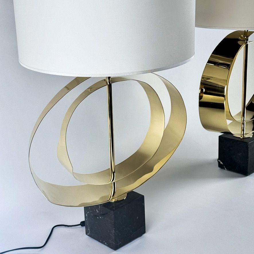 Late 20th Century Pair Of Brass And Black Marquina Marble Sculptural Table Lamps photo 7650.0