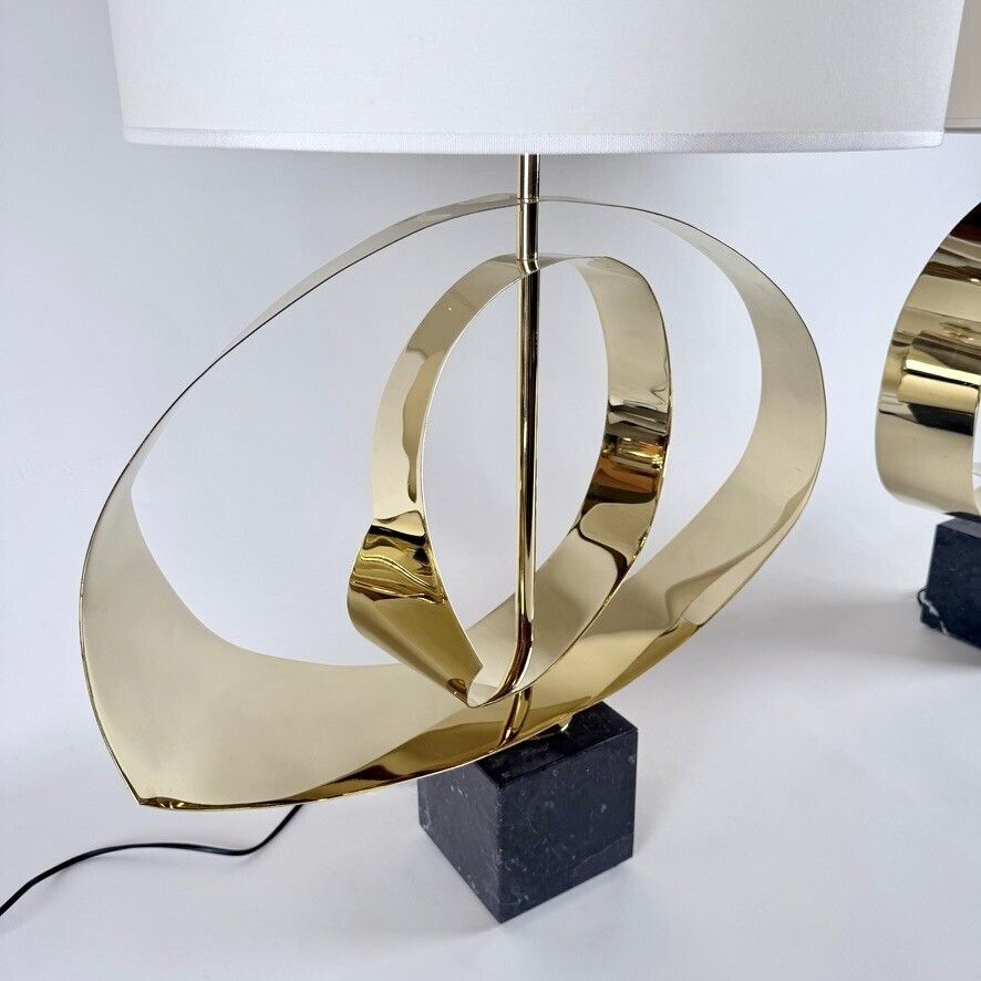 Late 20th Century Pair Of Brass And Black Marquina Marble Sculptural Table Lamps photo vinterior