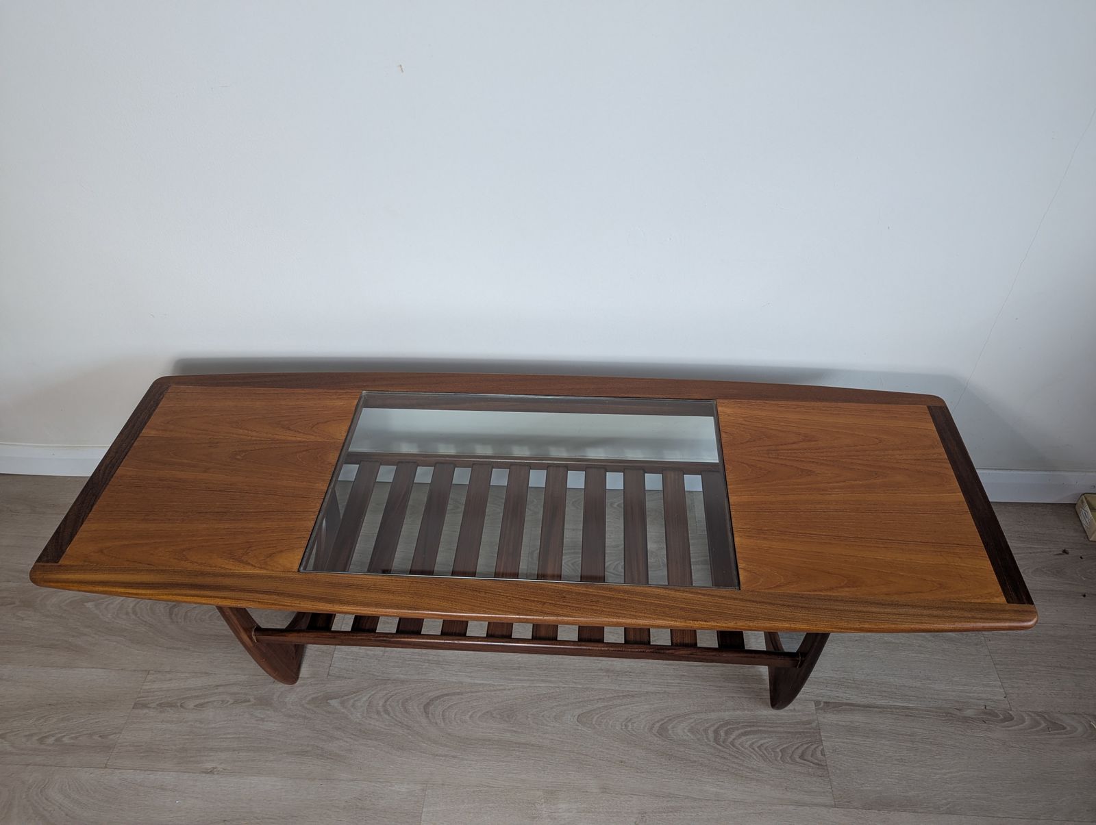 G Plan “Long John” Teak & Glass Coffee Table With Slatted Undershelf Rare Find | Mid Century Modern (C.1960s–70s) photo vinterior