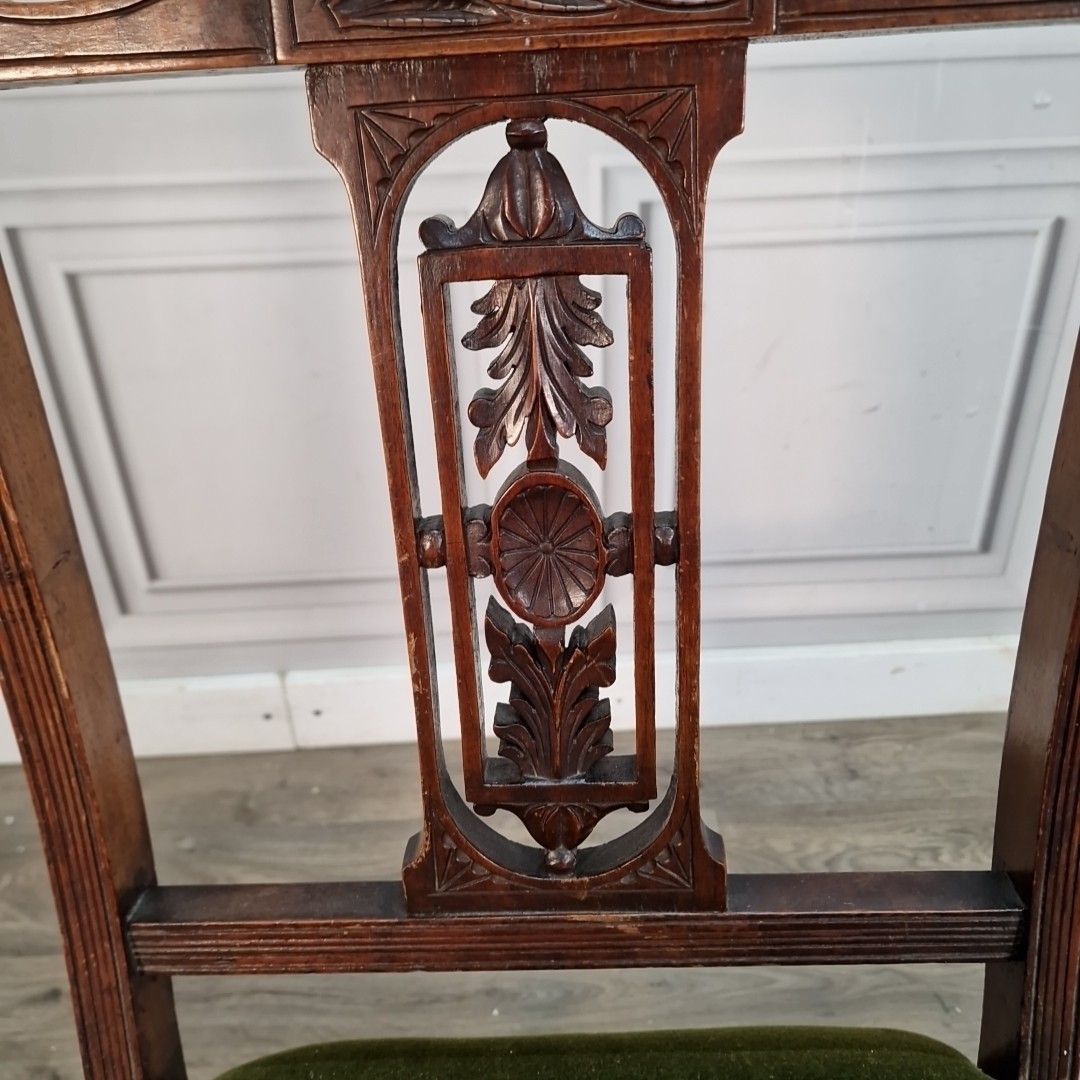 photo for sale Antique Low Hall Chair Heavily Carved Solid Wood Green Velvet Bedroom Seat