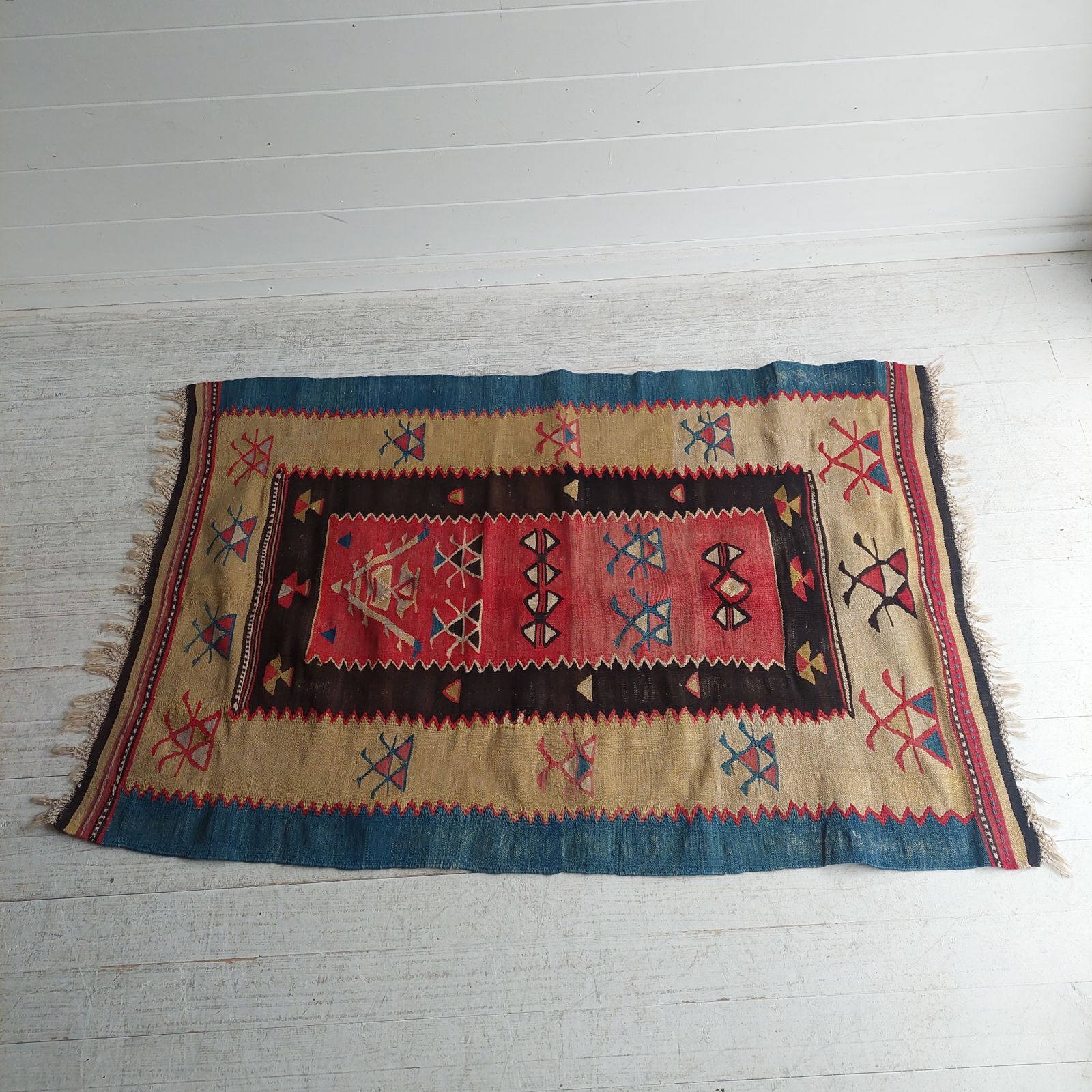 photo for sale Vintage Traditional Turkish Kilim Rug Mid Century Anatolian Ochre Red Blue Brown Kelim,  140x88cm