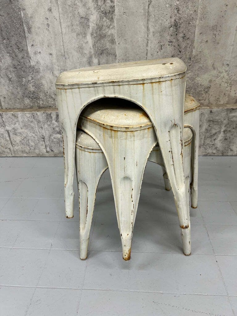 Set Of Three Stacking 1930's Style Tolix Cream Coloured Metal Stools photo Furniture