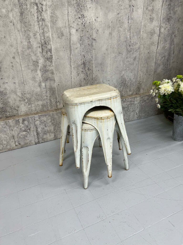 Set Of Three Stacking 1930's Style Tolix Cream Coloured Metal Stools photo 285.0