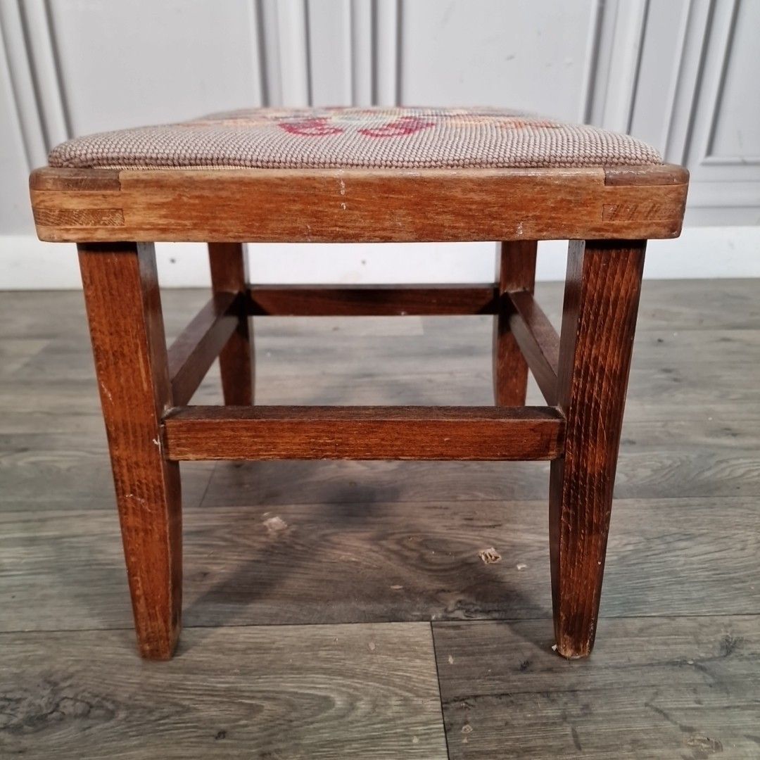 Small Vintage Upholstered Stool Foot Rest Solid Wood Floral Needlepoint Top photo 55.0