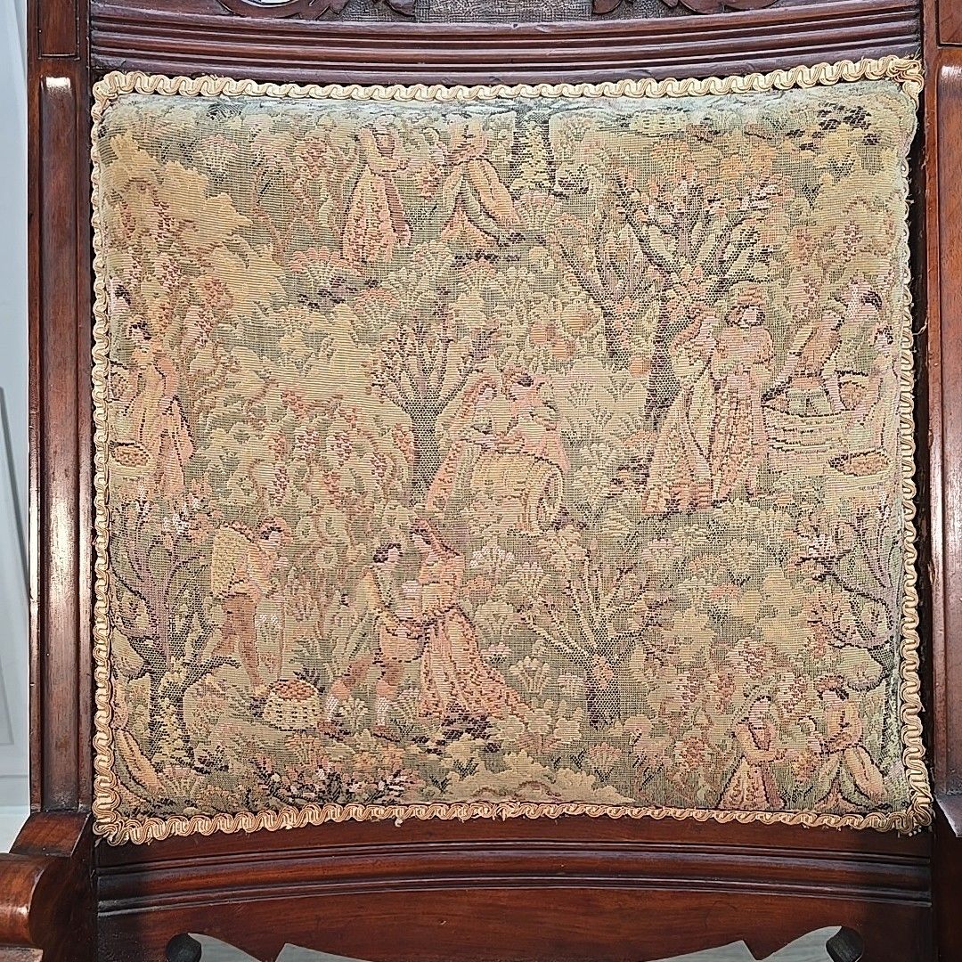 Antique Upholstered Nursing Chair Low Hall Solid Carved Wooden Tapestry Seat photo vintage