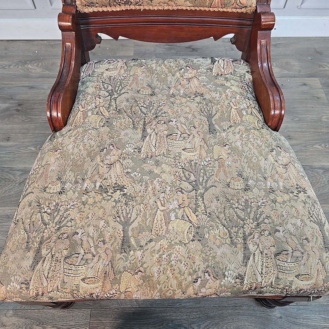 Furniture Antique Upholstered Nursing Chair Low Hall Solid Carved Wooden Tapestry Seat photo