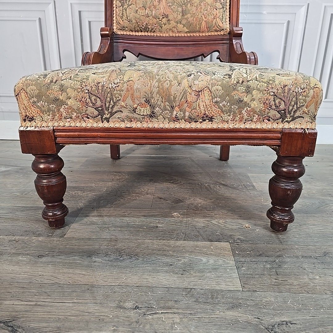 photo buy Antique Upholstered Nursing Chair Low Hall Solid Carved Wooden Tapestry Seat