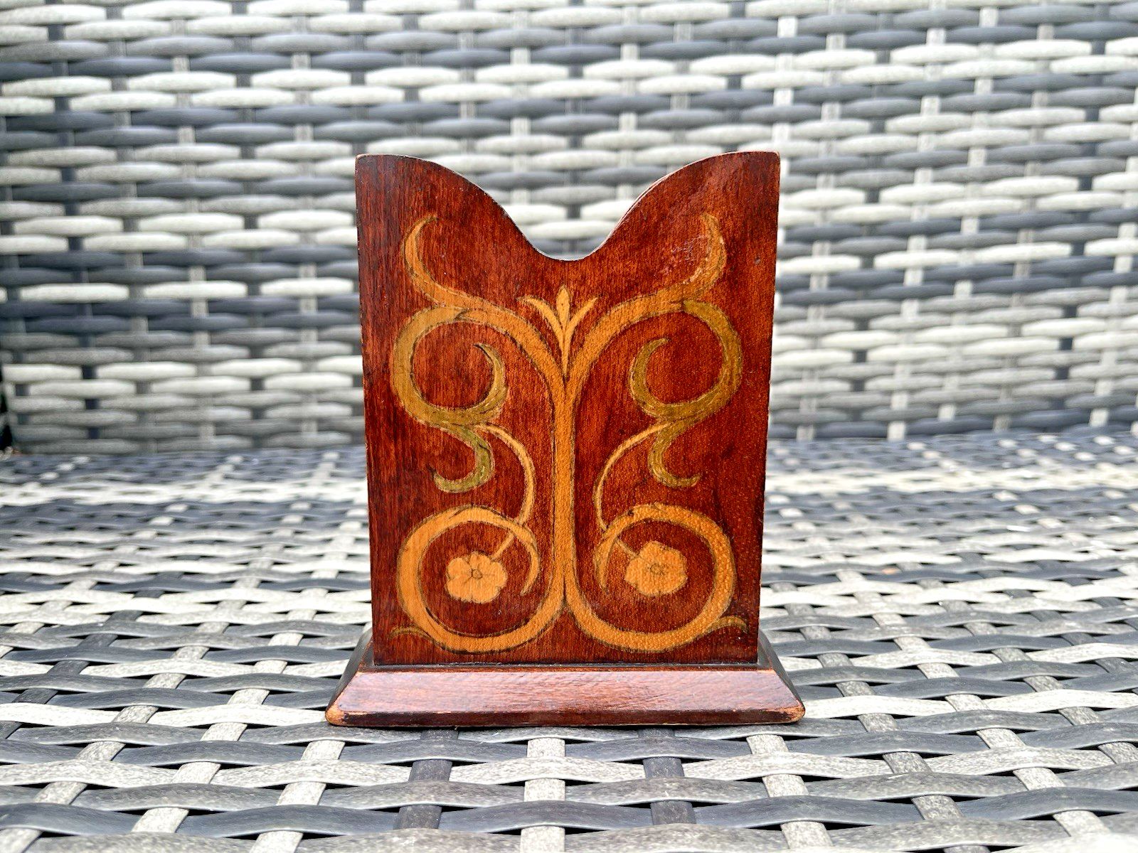Antique Edwardian Art Nouveau Wooden Pokerwork Floral Desk Office Letter Rack