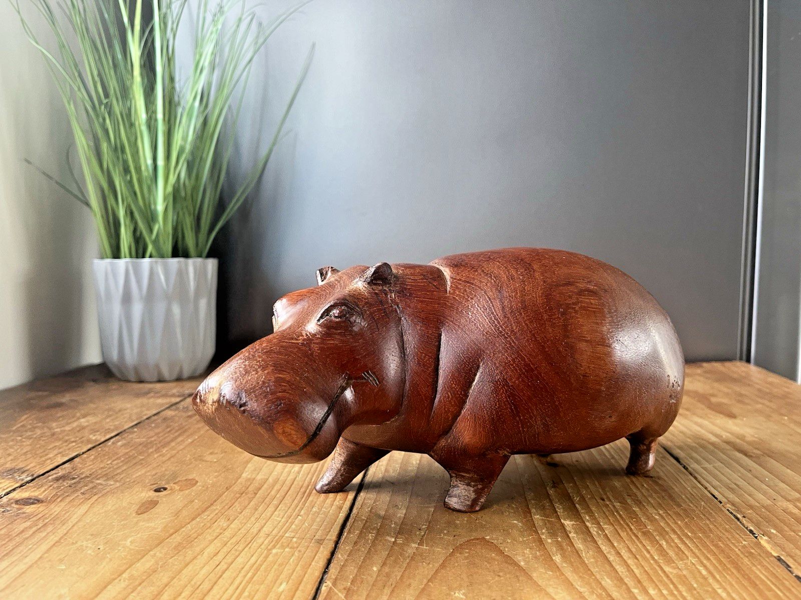 photo for sale Mid Century Heavy Carved Teak Hardwood Hippo Sculpture Treen Ornament Vintage