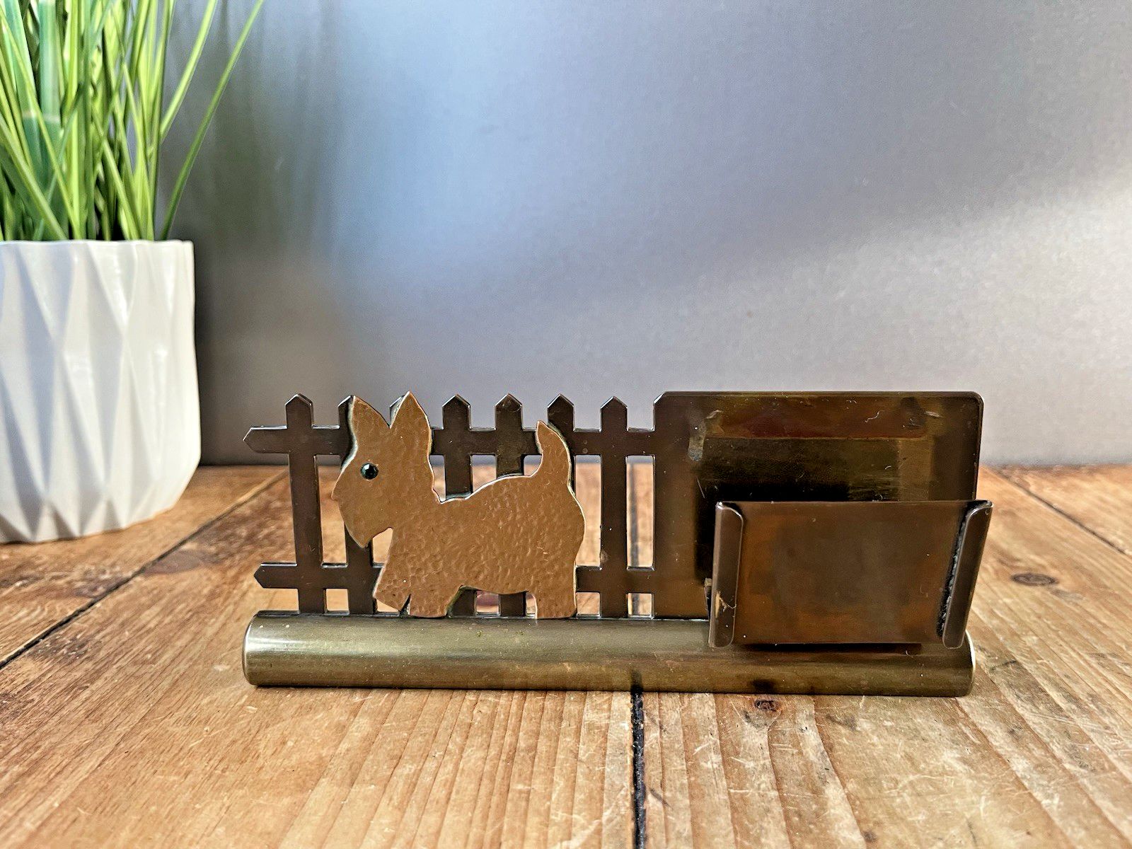 Antique Art Deco Copper & Brass Scottie Dog Terrier Desk Matchbox Holder Matches photo for sale