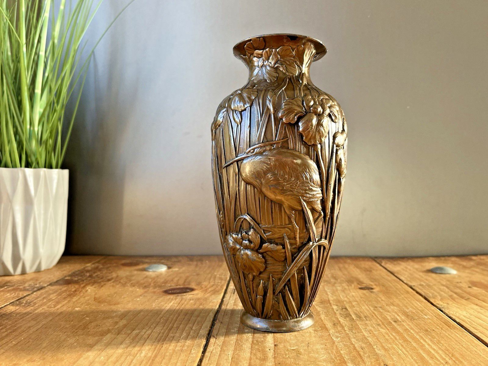 Antique Japanese Meiji Period Bronze Tone Copper Clad Crane Bird Vase Nouveau