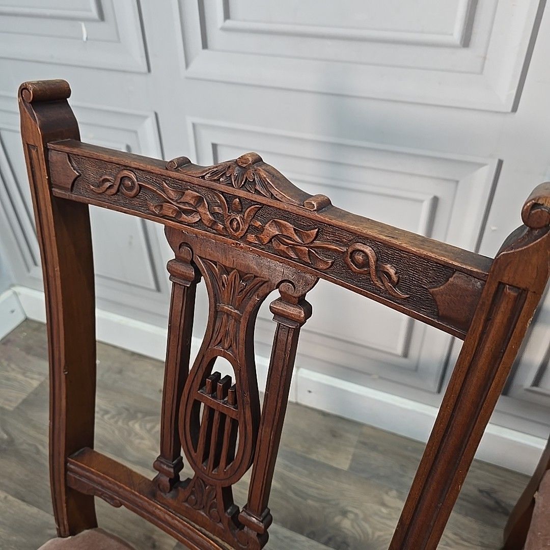 photo for sale Antique Pair Bedroom Chairs Solid Wood Carved Hall Nursing Seats Mahogany
