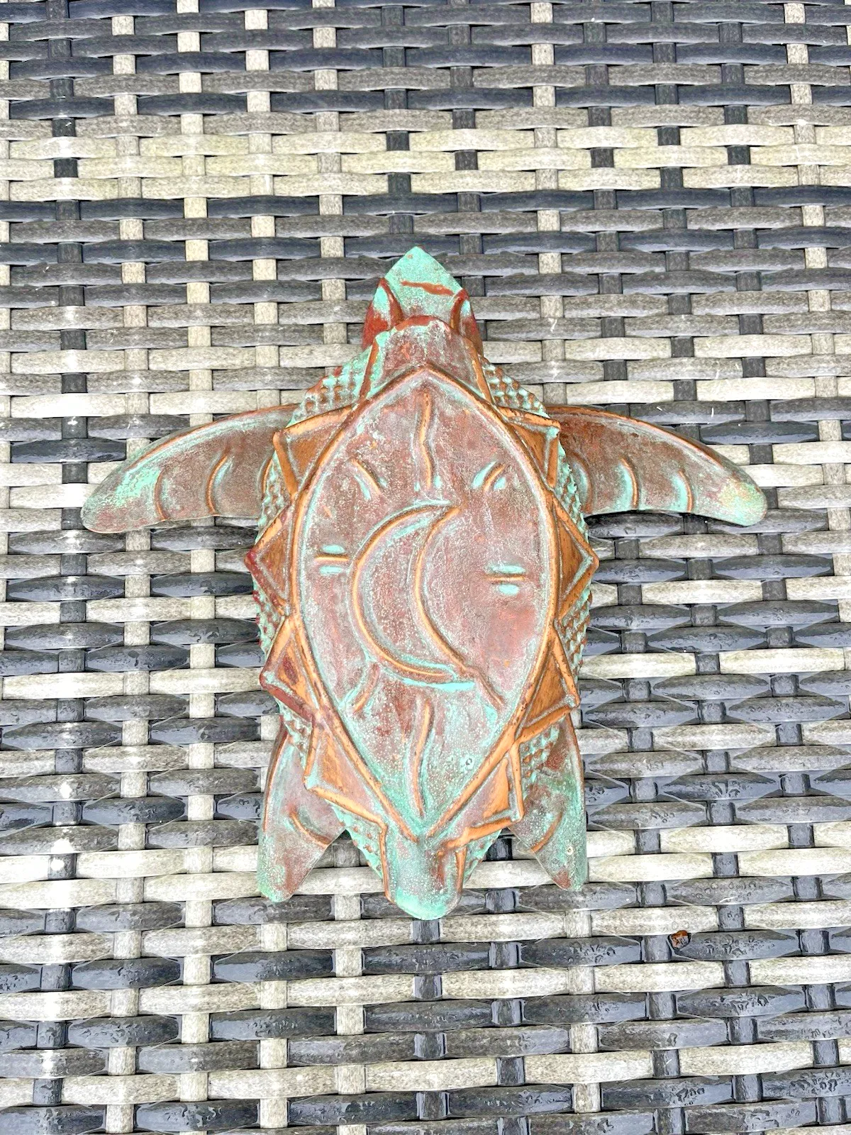 Vintage C1999 Copper Verdigris Moon Turtle Wall Folk Art By U.S Artist Kurt Ruby photo Art