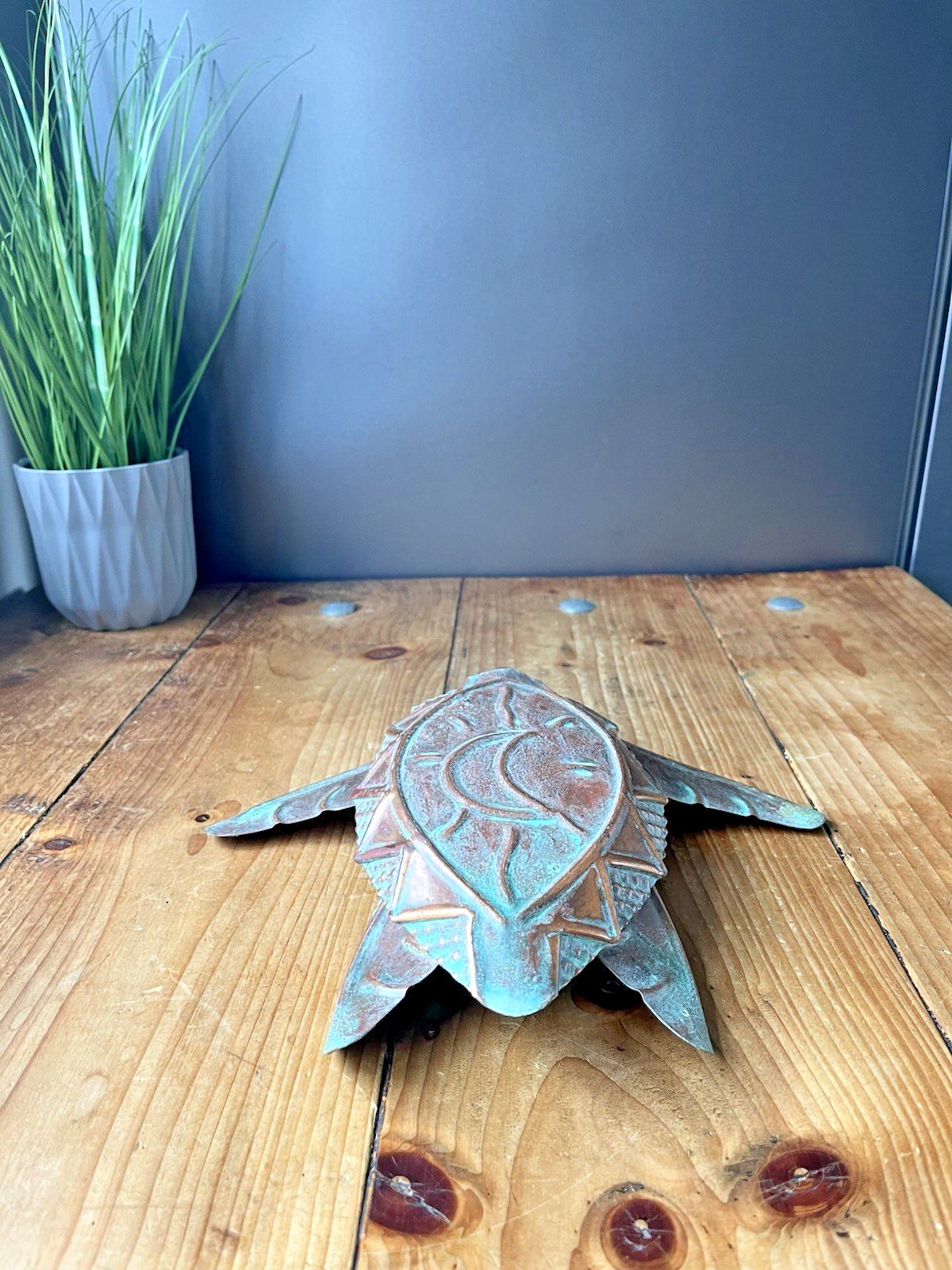 Vintage C1999 Copper Verdigris Moon Turtle Wall Folk Art By U.S Artist Kurt Ruby photo 55.0