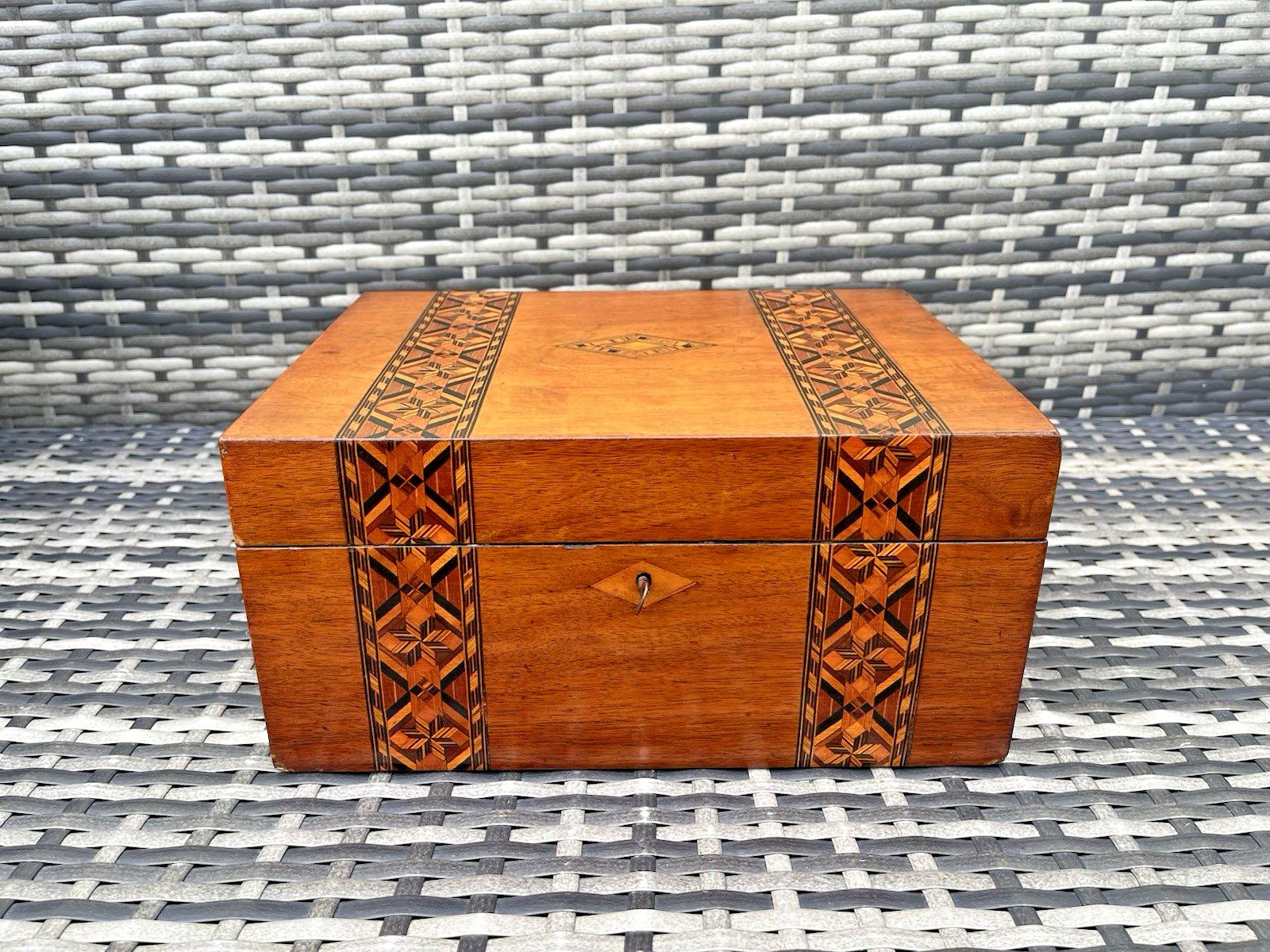 Antique Inlaid Walnut Diamond Wood Storage Box Deco photo furniture