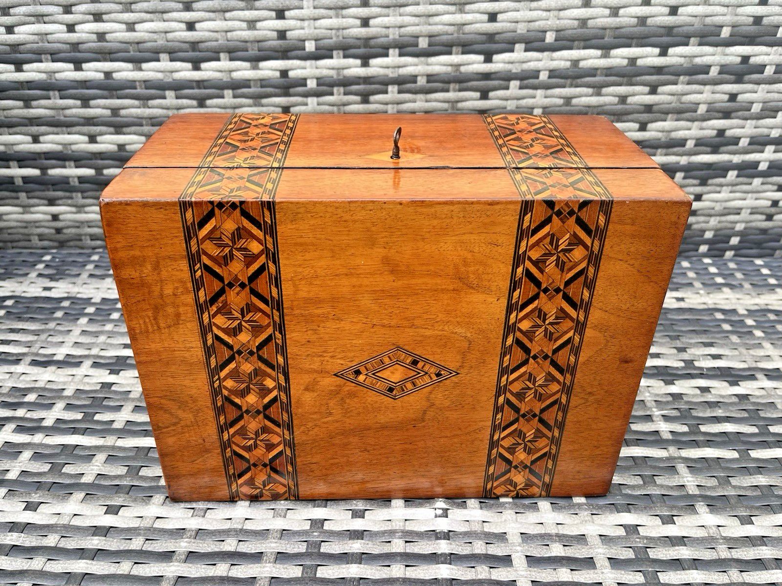Antique Inlaid Walnut Diamond Wood Storage Box Deco photo buy
