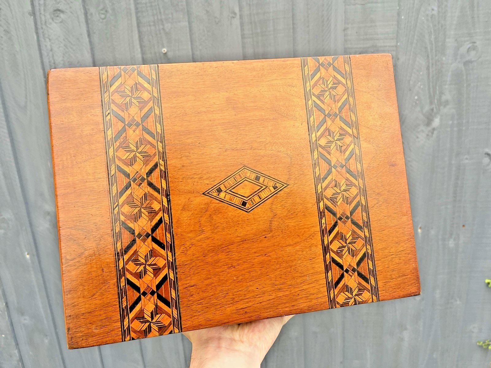 photo furniture Antique Inlaid Walnut Diamond Wood Storage Box Deco