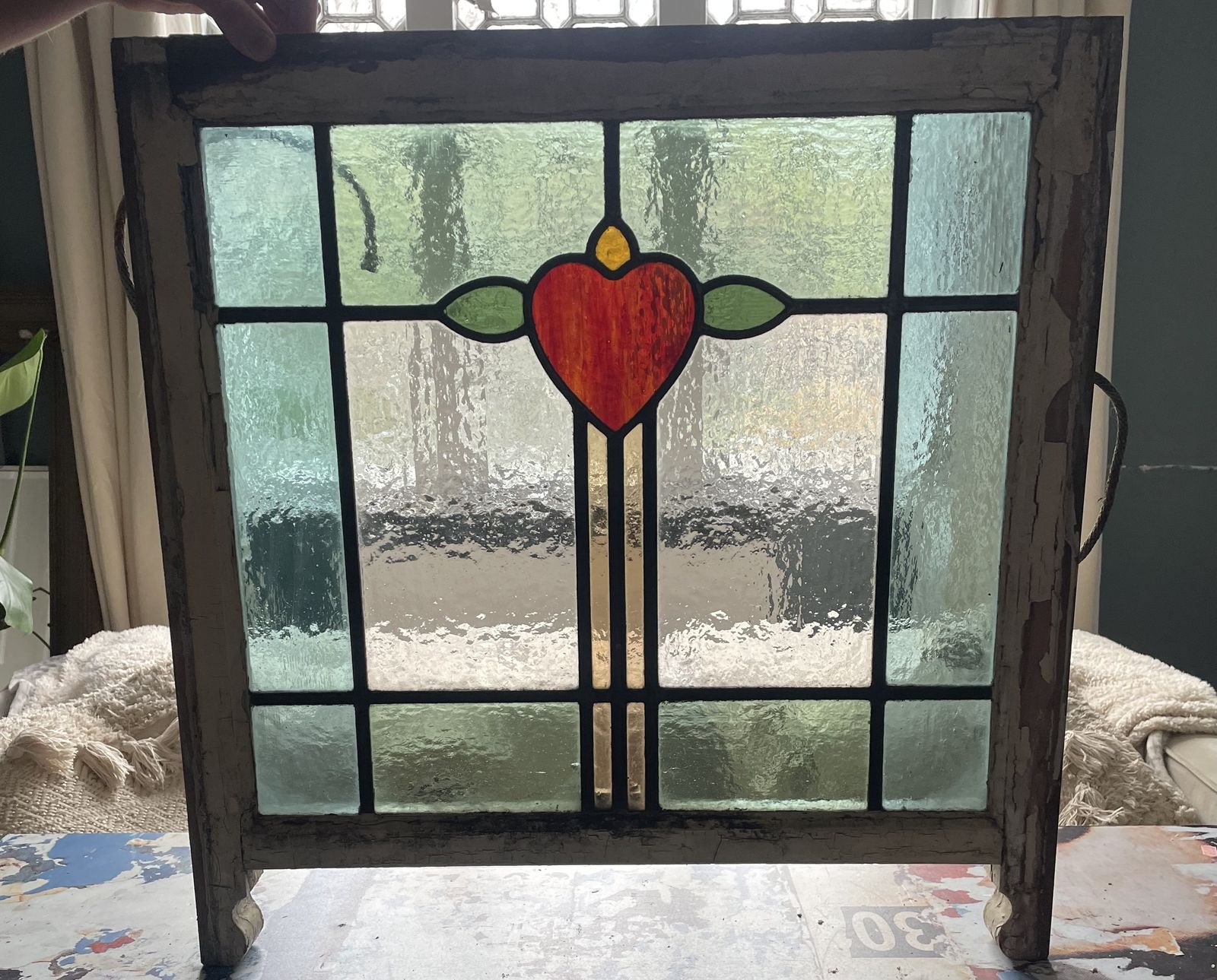 Edwardian Stained Glass Window Green/Aqua/Gold Colour Glass And Ruby Red Heart Motif C.1905 (Matching Suite Of 4 Pcs Available) H57xw63cm photo furniture