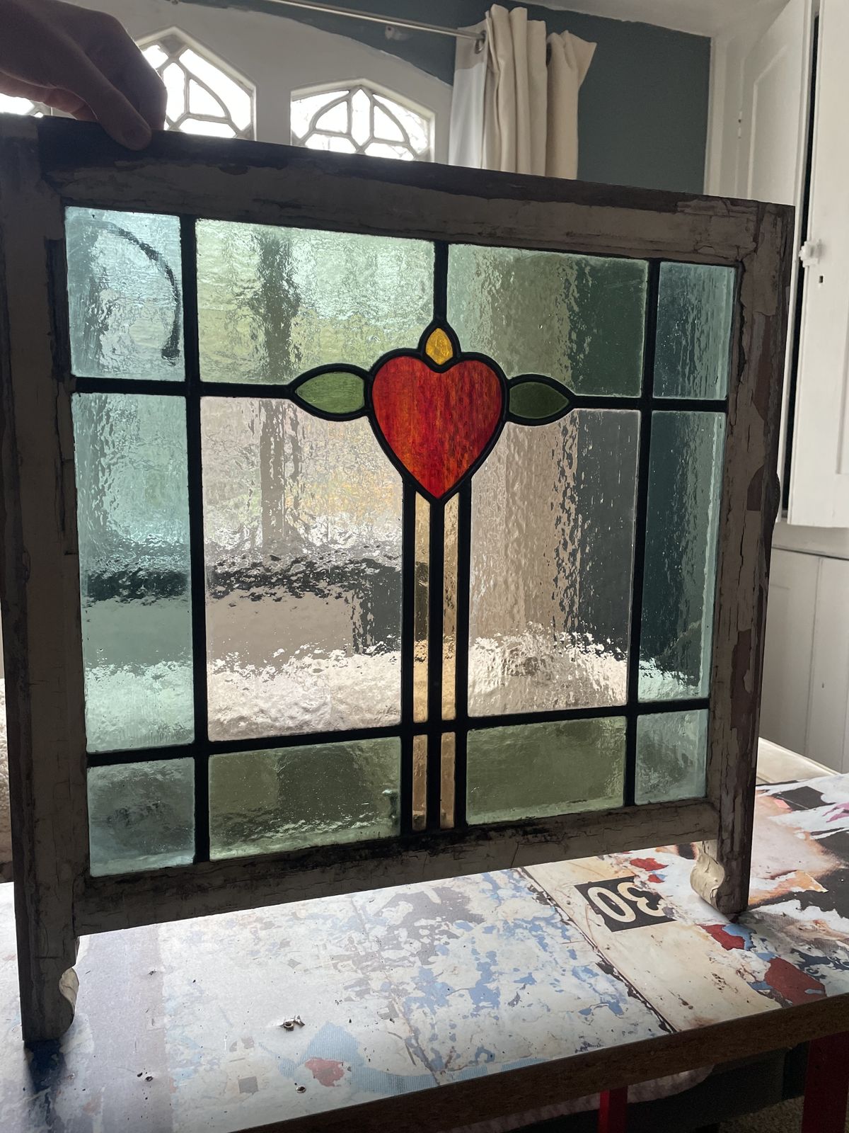 Edwardian Stained Glass Window Green/Aqua/Gold Colour Glass And Ruby Red Heart Motif C.1905 (Matching Suite Of 4 Pcs Available) H57xw63cm photo Home Fixtures