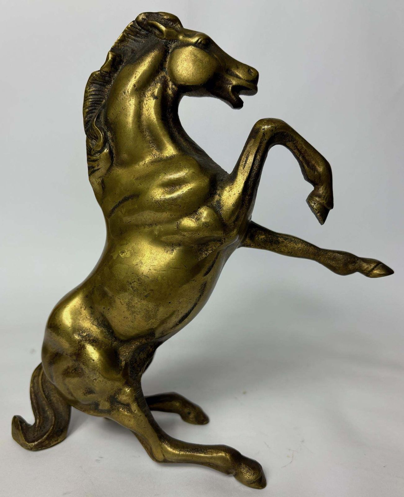 220.0 Pair Of Antique Cast Brass Horse Figures (C. 1880–1920) – Heavy Equestrian Mantel Ornaments – 21cm photo