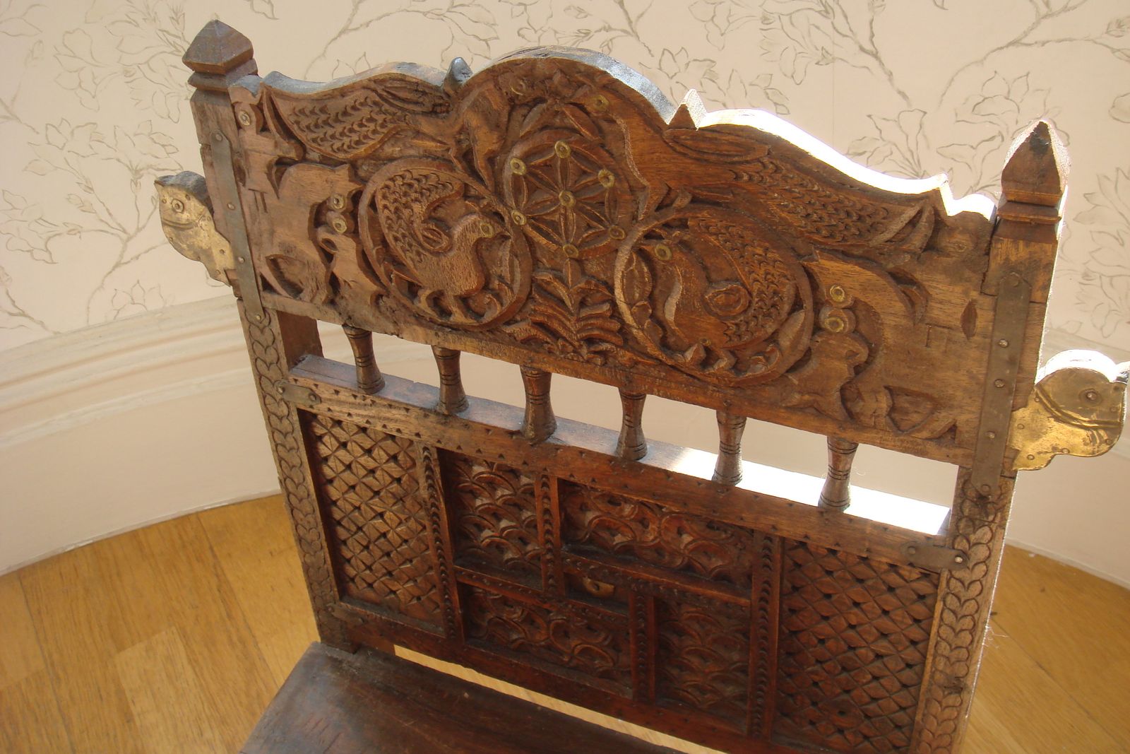 Vintage Hand Carved Wooden Bronze Peacock Pidha Low Chair Handcrafted In India photo furniture