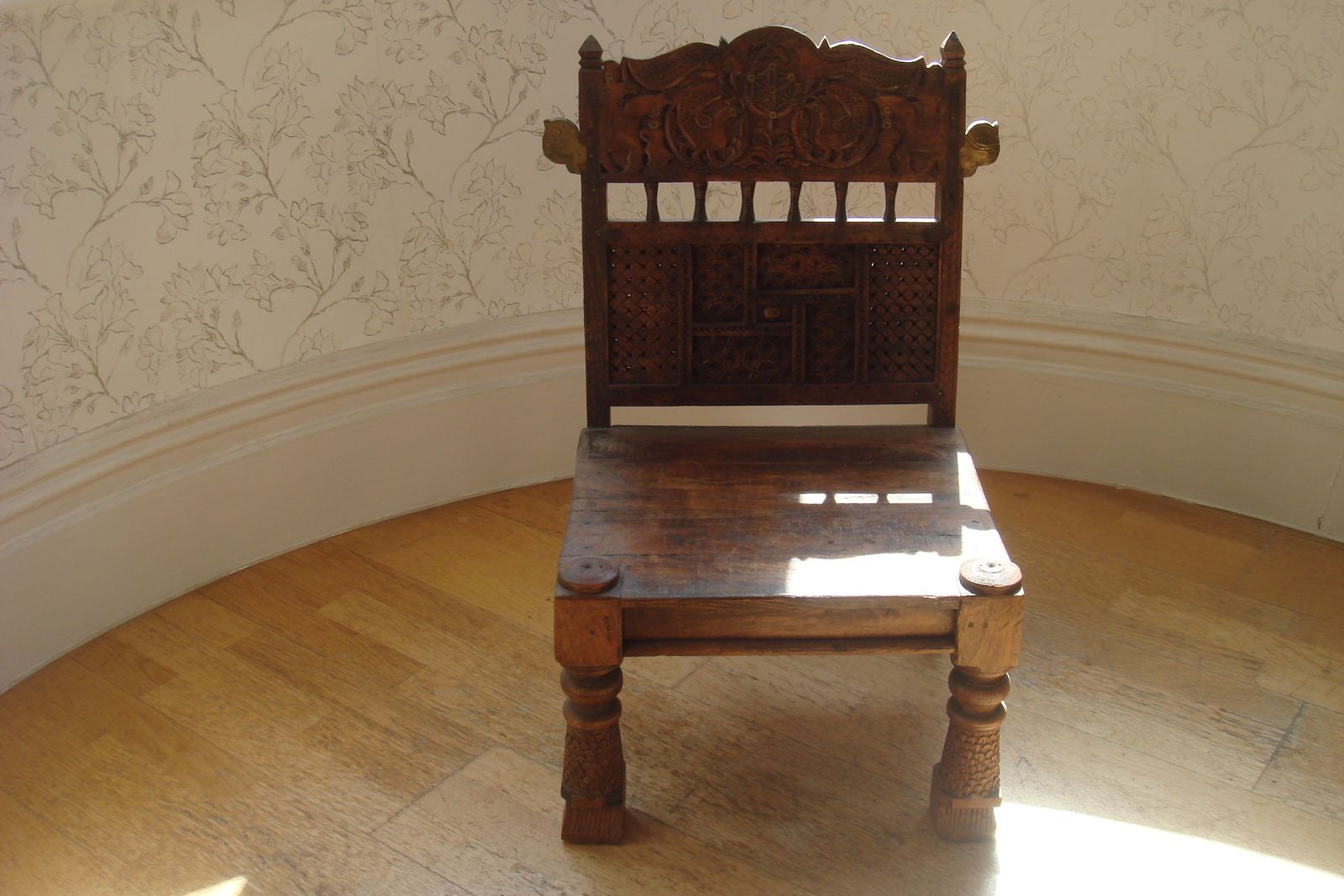 Vintage Hand Carved Wooden Bronze Peacock Pidha Low Chair Handcrafted In India photo for sale