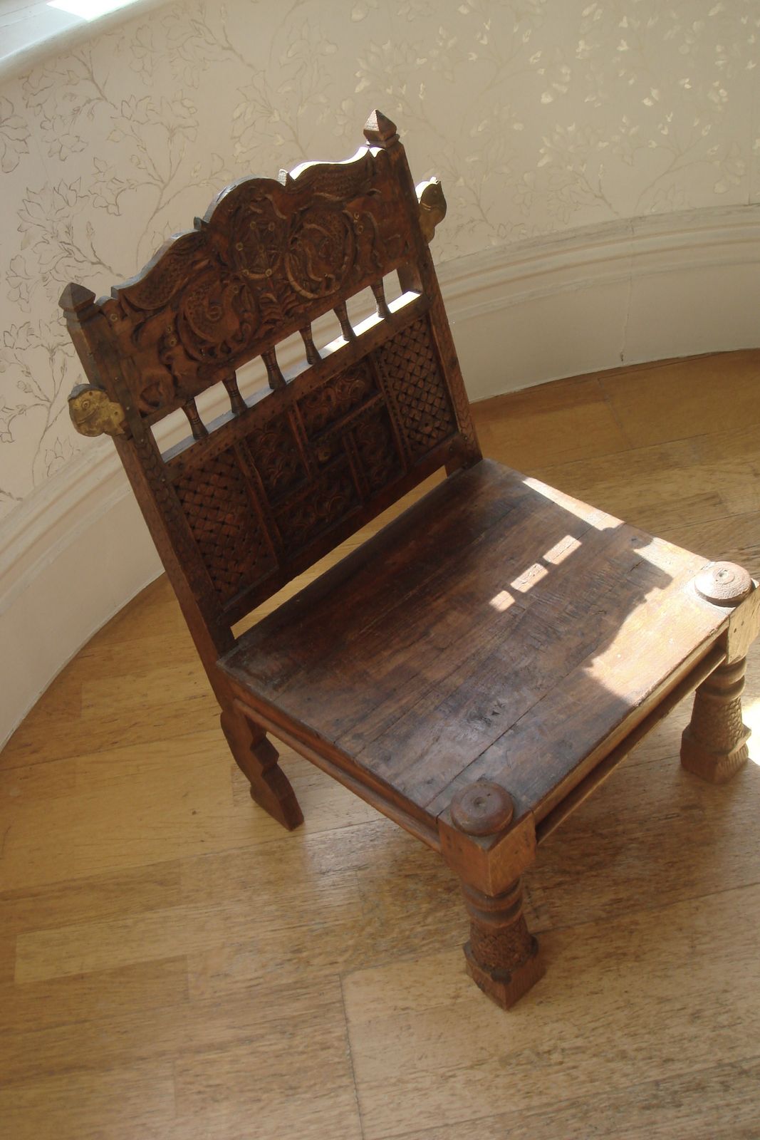 Vintage Hand Carved Wooden Bronze Peacock Pidha Low Chair Handcrafted In India photo Furniture