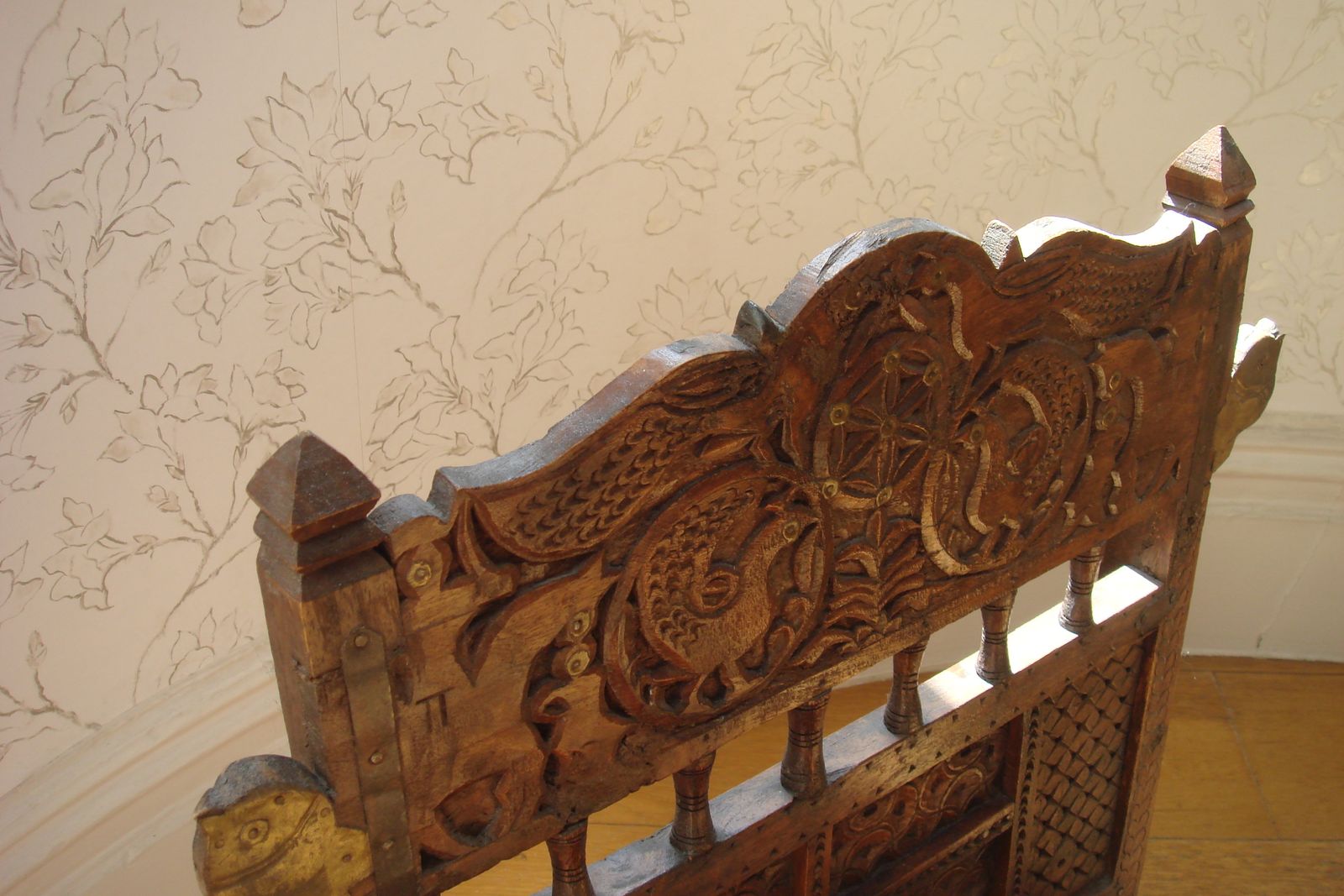 Vintage Hand Carved Wooden Bronze Peacock Pidha Low Chair Handcrafted In India photo vinterior