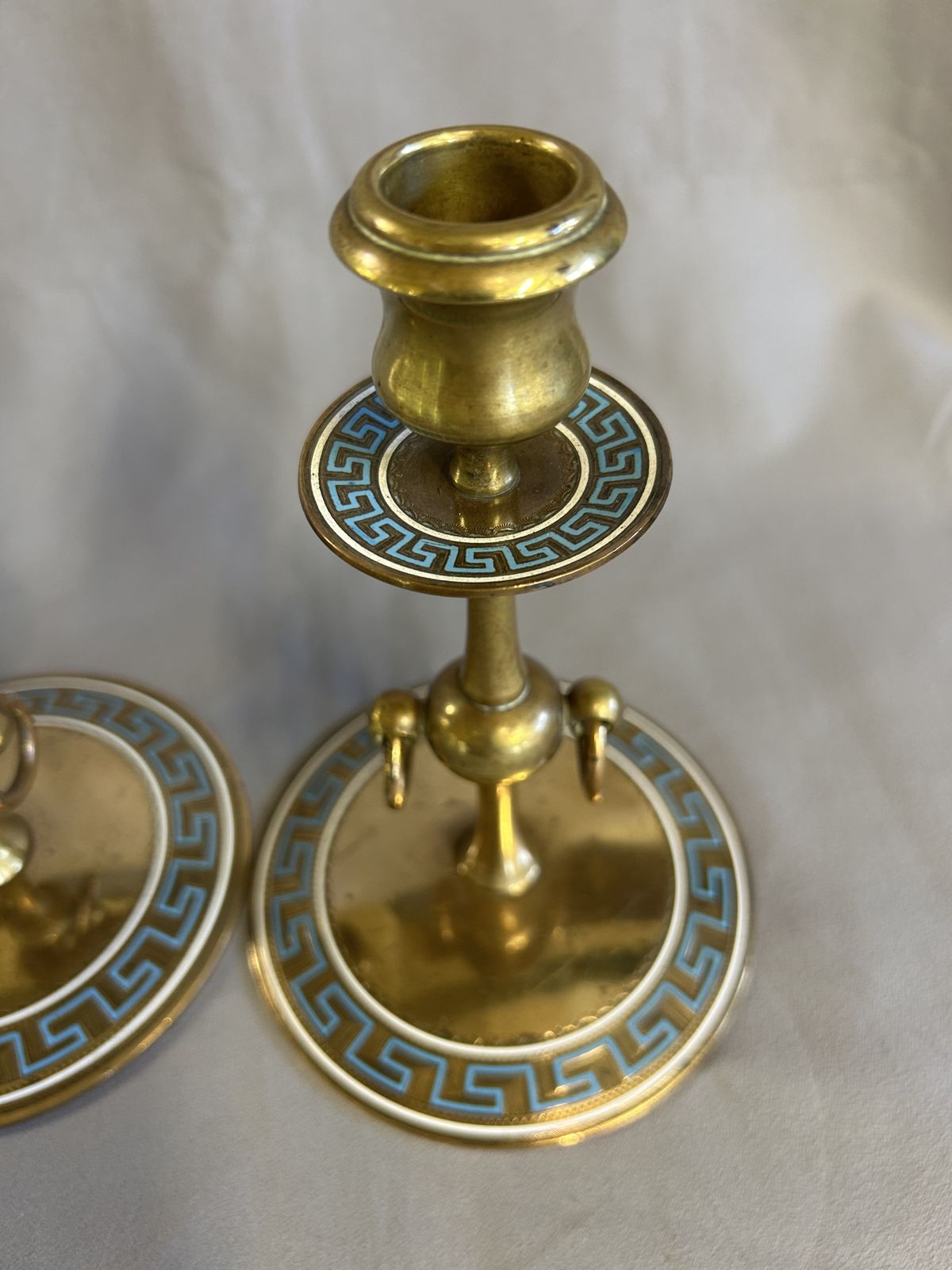 Pair Victorian Brass & Enamel Candlesticks   'Greek Key Design' photo 195.0