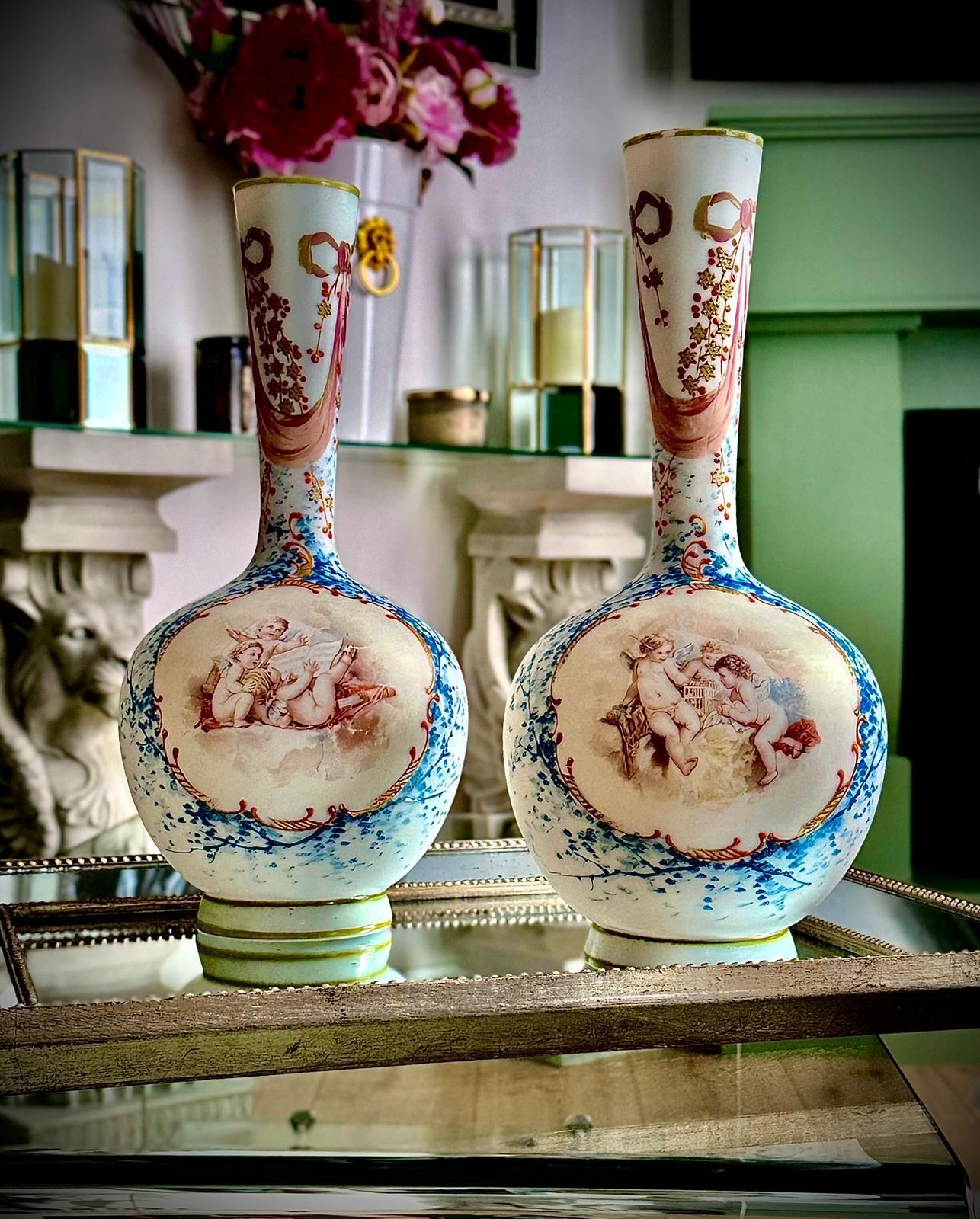 Pair Of 19th Century French Opaline Glass Vases With Hand Painted Cherubs photo vintage