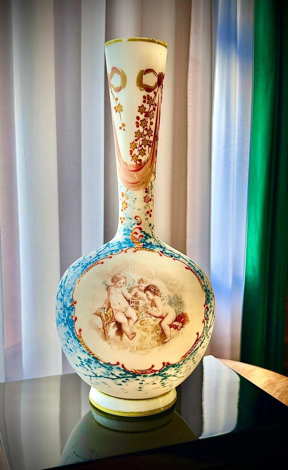 photo for sale Pair Of 19th Century French Opaline Glass Vases With Hand Painted Cherubs