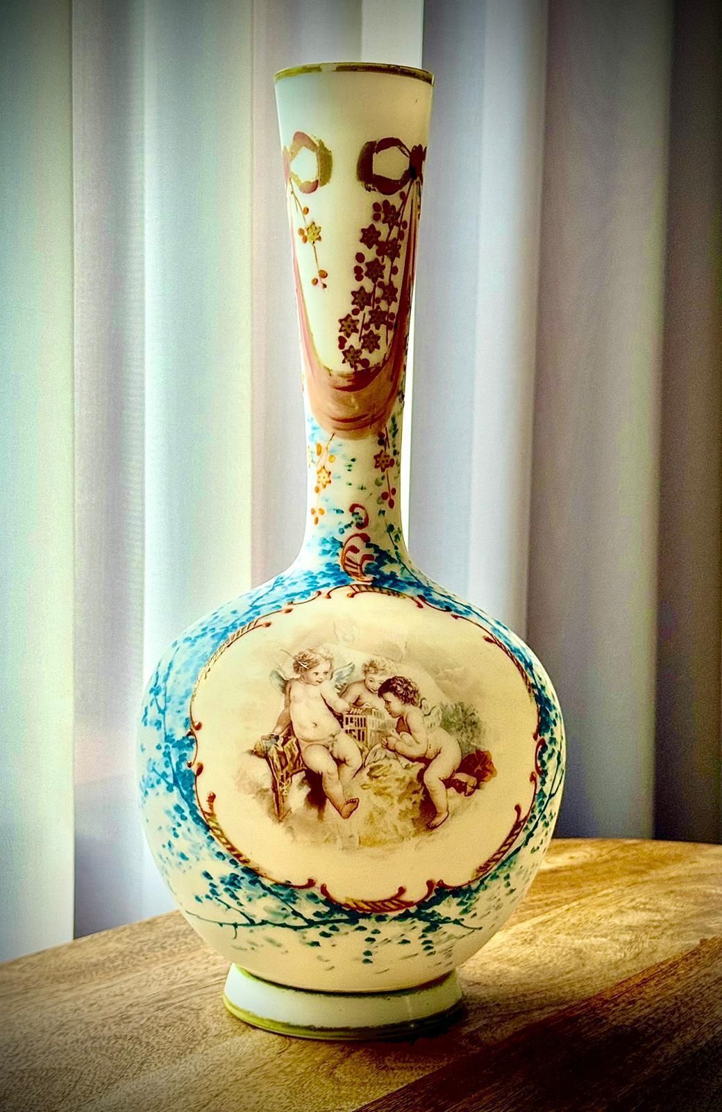 Home Decor Pair Of 19th Century French Opaline Glass Vases With Hand Painted Cherubs photo