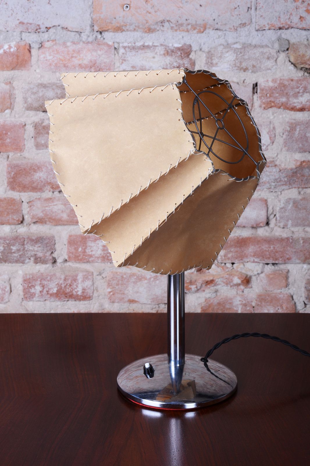 Restored Bauhaus Table Lamp, Chrome Plated Steel, Parchment, Czech, 1930s photo buy