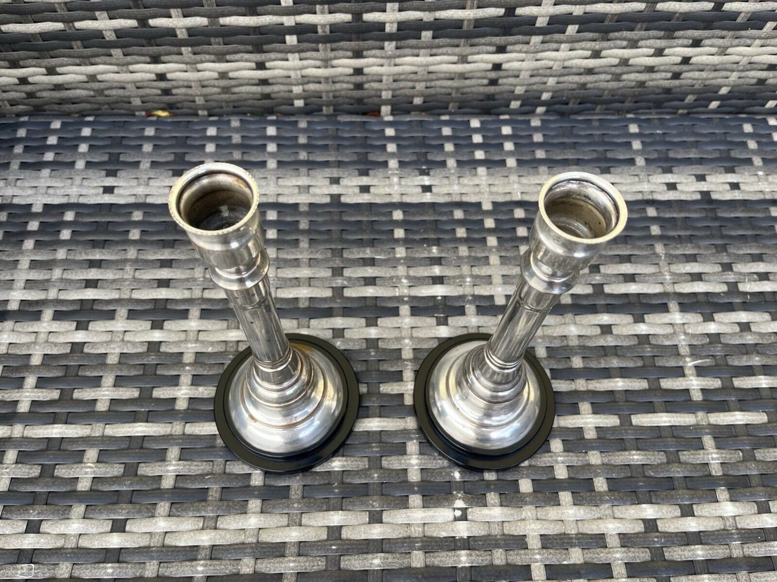 photo furniture Pair Of Art Deco Silver Plated Stepped Base Column Candlesticks Candle Holders