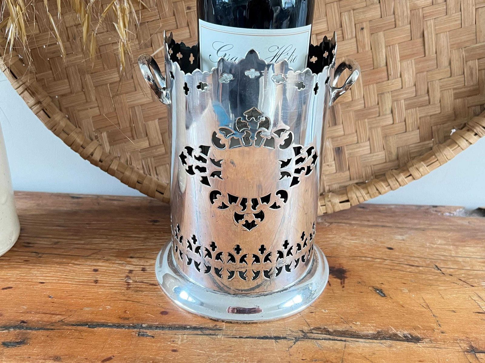Antique Maxfield & Sons Sheffield A1 Silver Plate Wine Holder With Handles Pierced Bottle Slider Edwardian Fretwork Coaster English Barware photo furniture