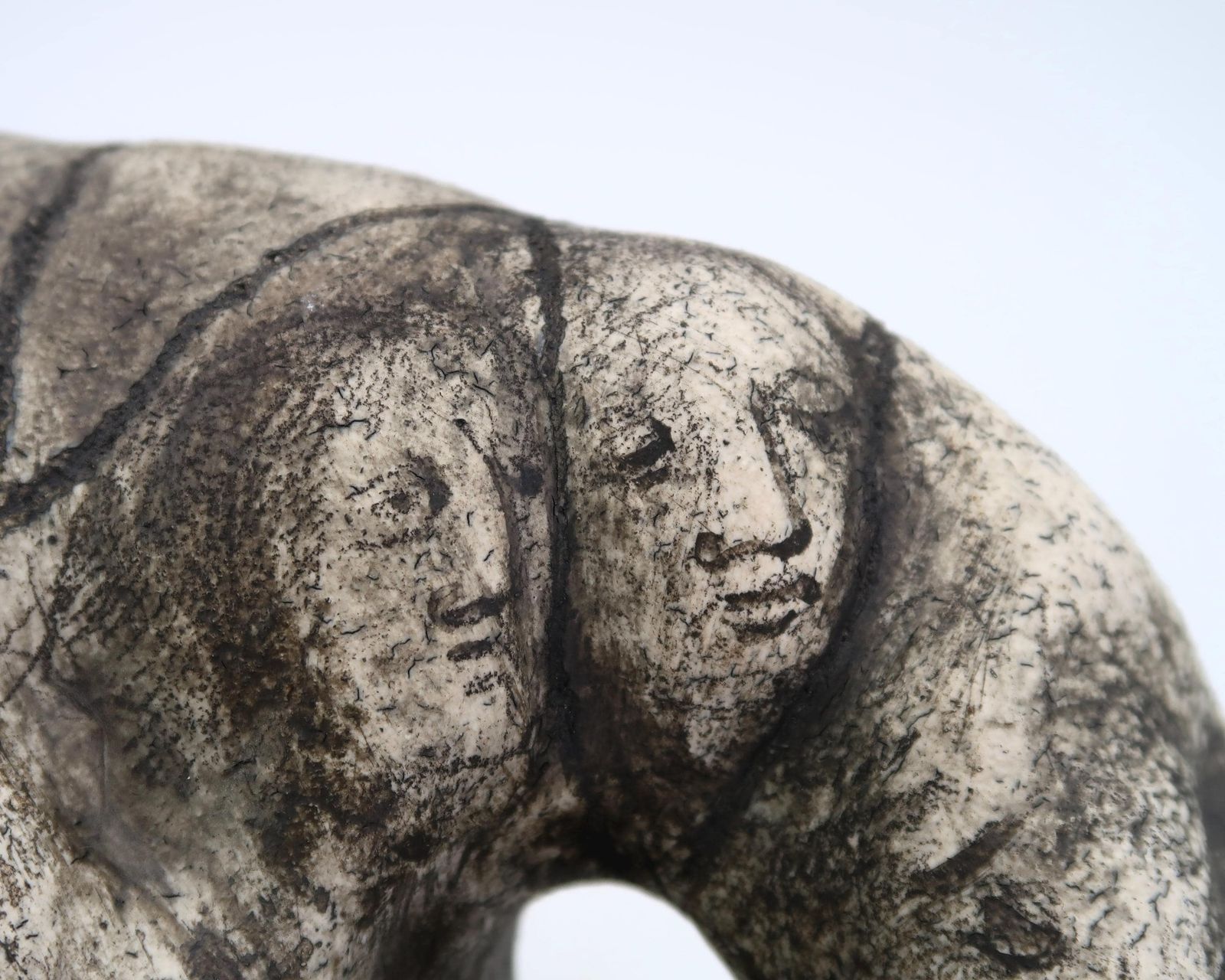 French Sculptural Ceramic Vase Decorated With Faces And With A Hole, 1980s / Grey, Art, Artist, Home Decor, Sculpture photo vintage