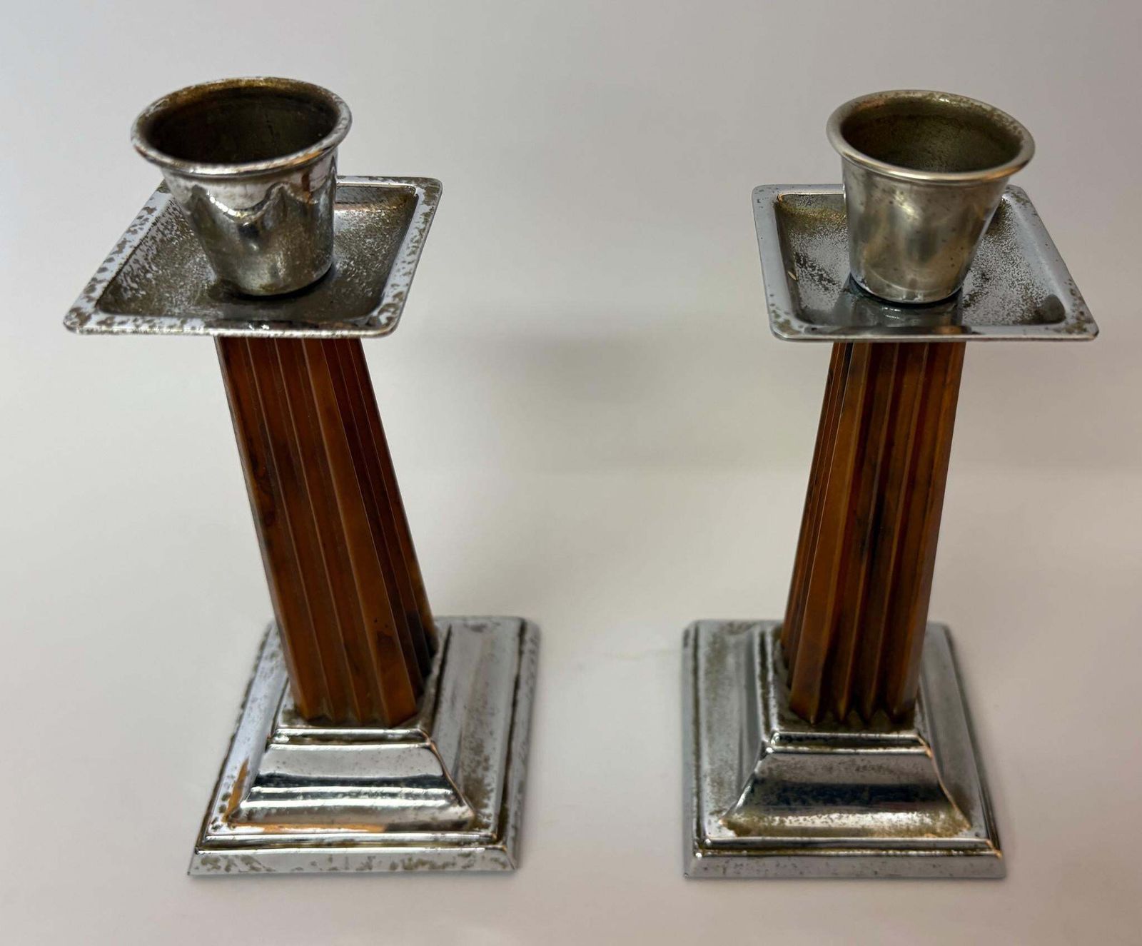 Pair Of Art Deco Bakelite & Silver‑Plate Candlesticks, 1930s, 15cm High photo Home Decor
