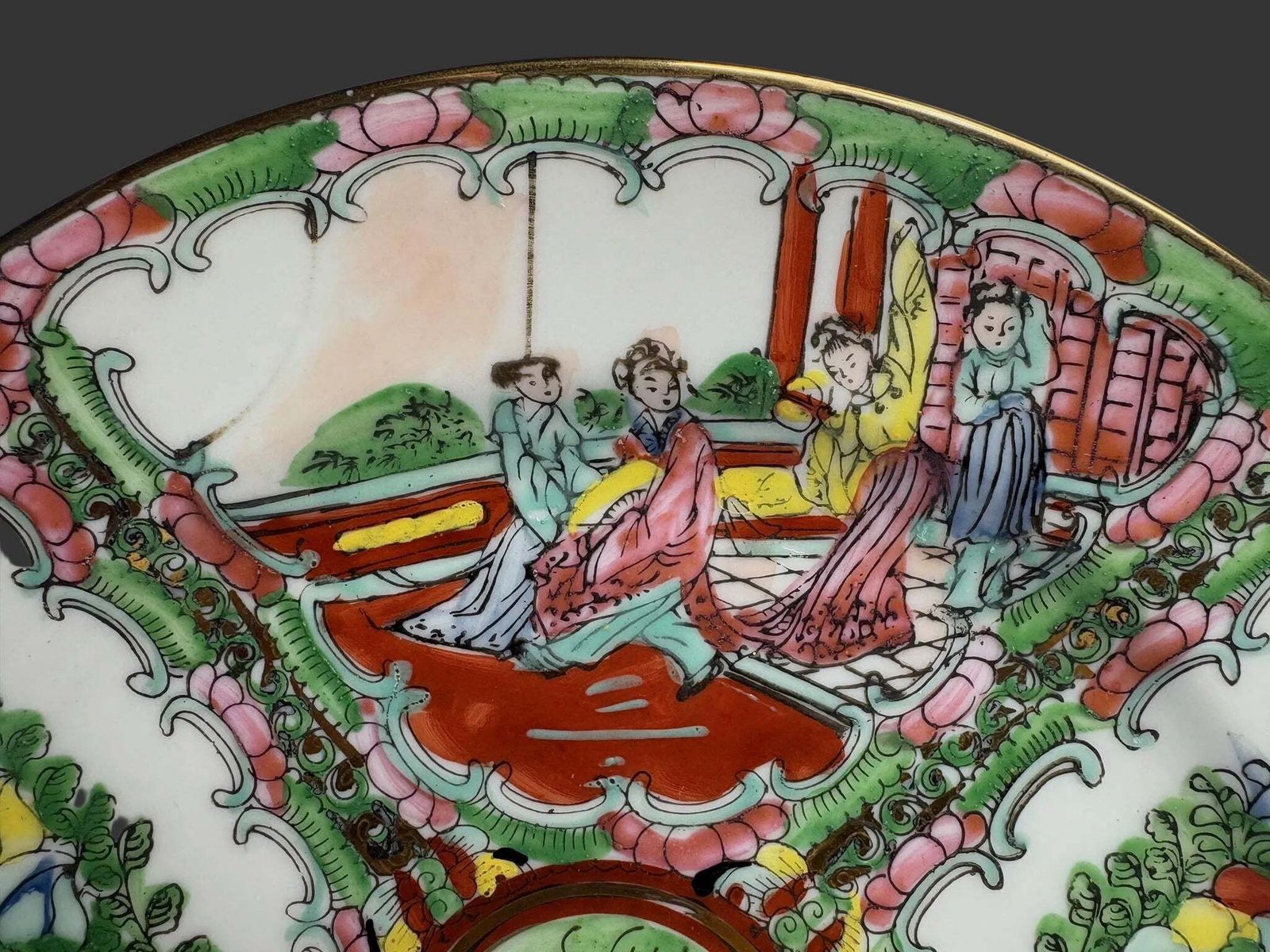 Chinese Famille Rose Medallion Porcelain Plate With Figures & Peonies, Qianlong Style Mark photo Home Decor