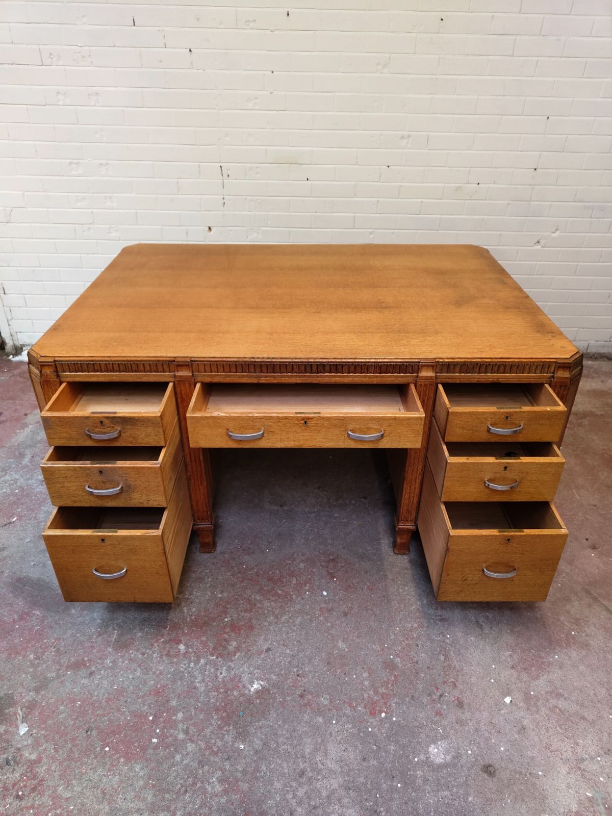 Imposing Golden Oak Art Deco Partners Desk By Waring & Gillows photo furniture