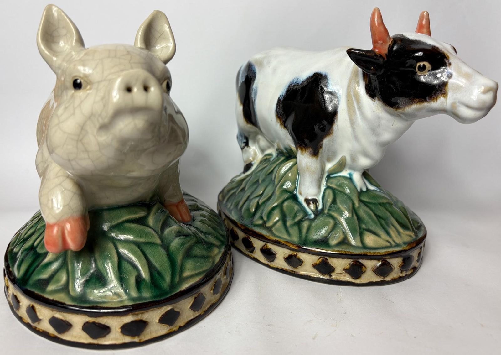 Pair Of Vintage Glazed Ceramic Farm Animals – Cow & Pig On Oval Bases (C.25cm)