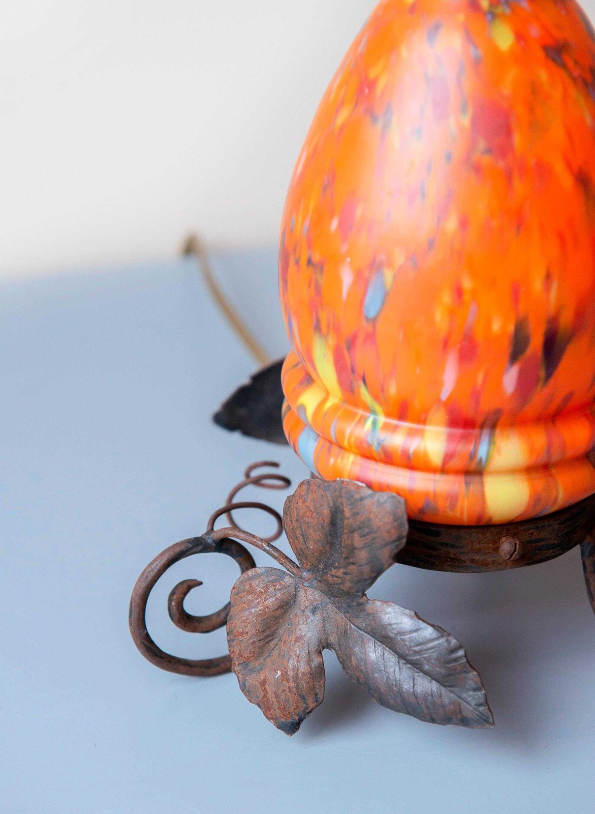 Antique Art Nouveau Wrought Iron Table Lamp – Marbled Art Glass Shade, Leaf Motif Base photo furniture