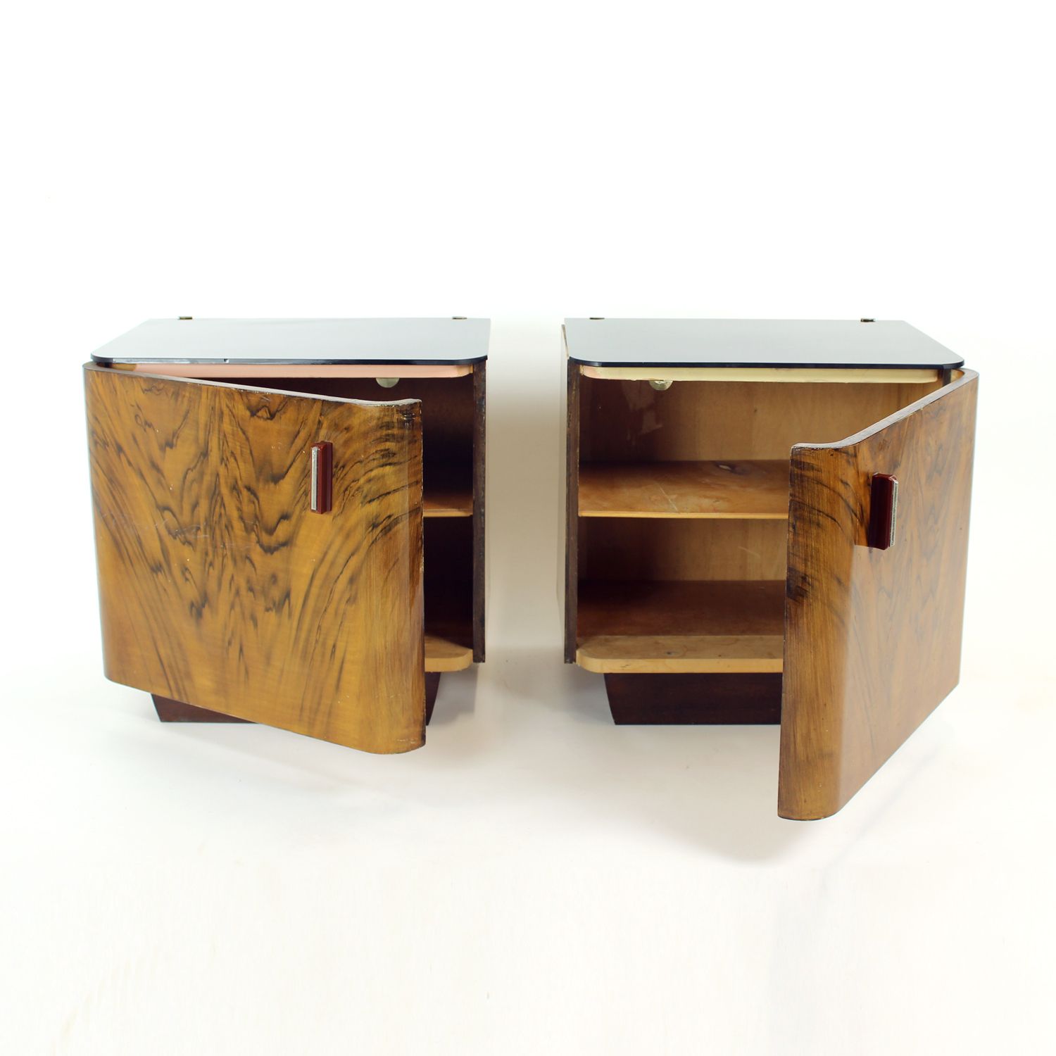 Pair Of Art Deco Bedside Tables With Faux Wood Graining & Glass, Czechoslovakia, 1940s photo for sale