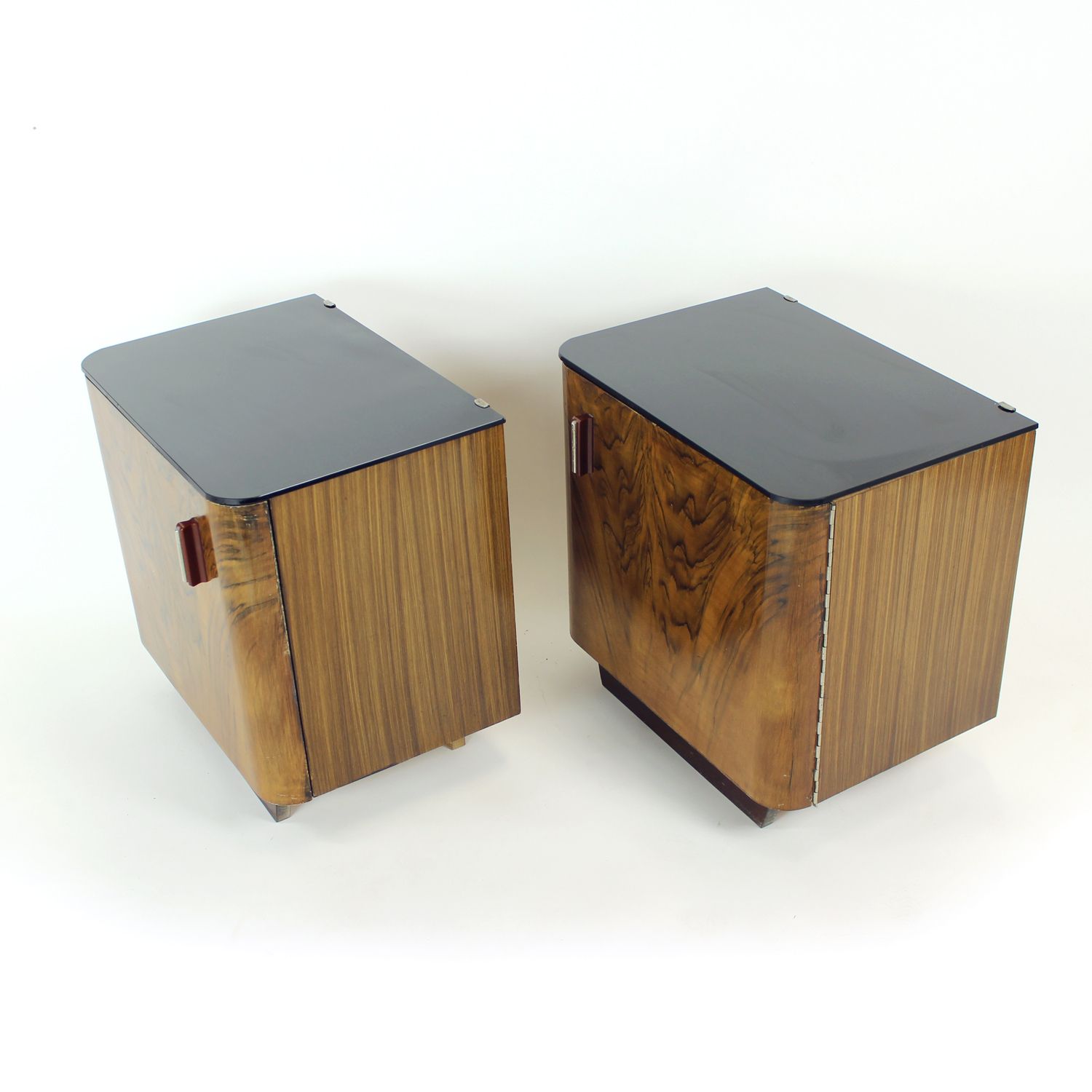 Pair Of Art Deco Bedside Tables With Faux Wood Graining & Glass, Czechoslovakia, 1940s photo vintage