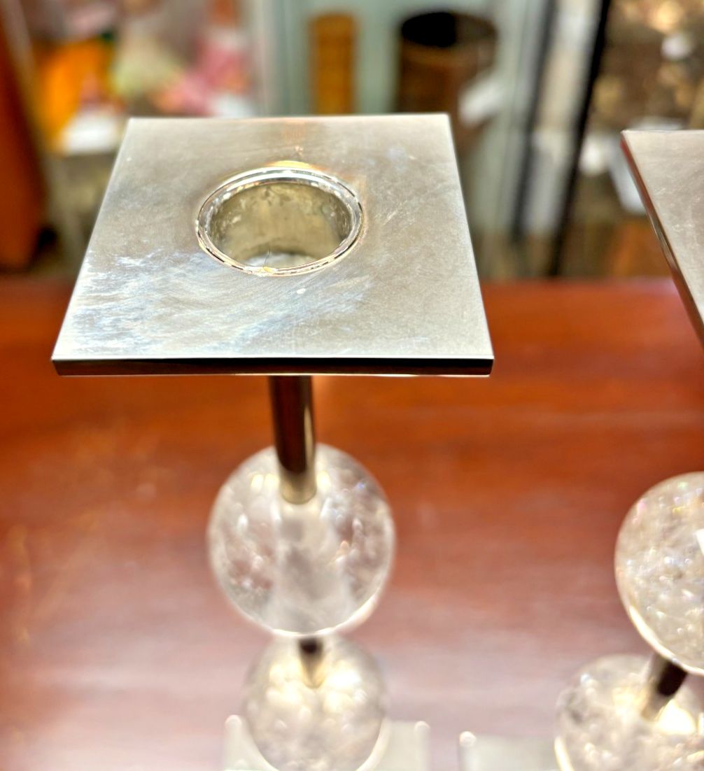 Pair Of Anna New York Chrome Metal & Clear Quartz Candlesticks As Found photo 115.0