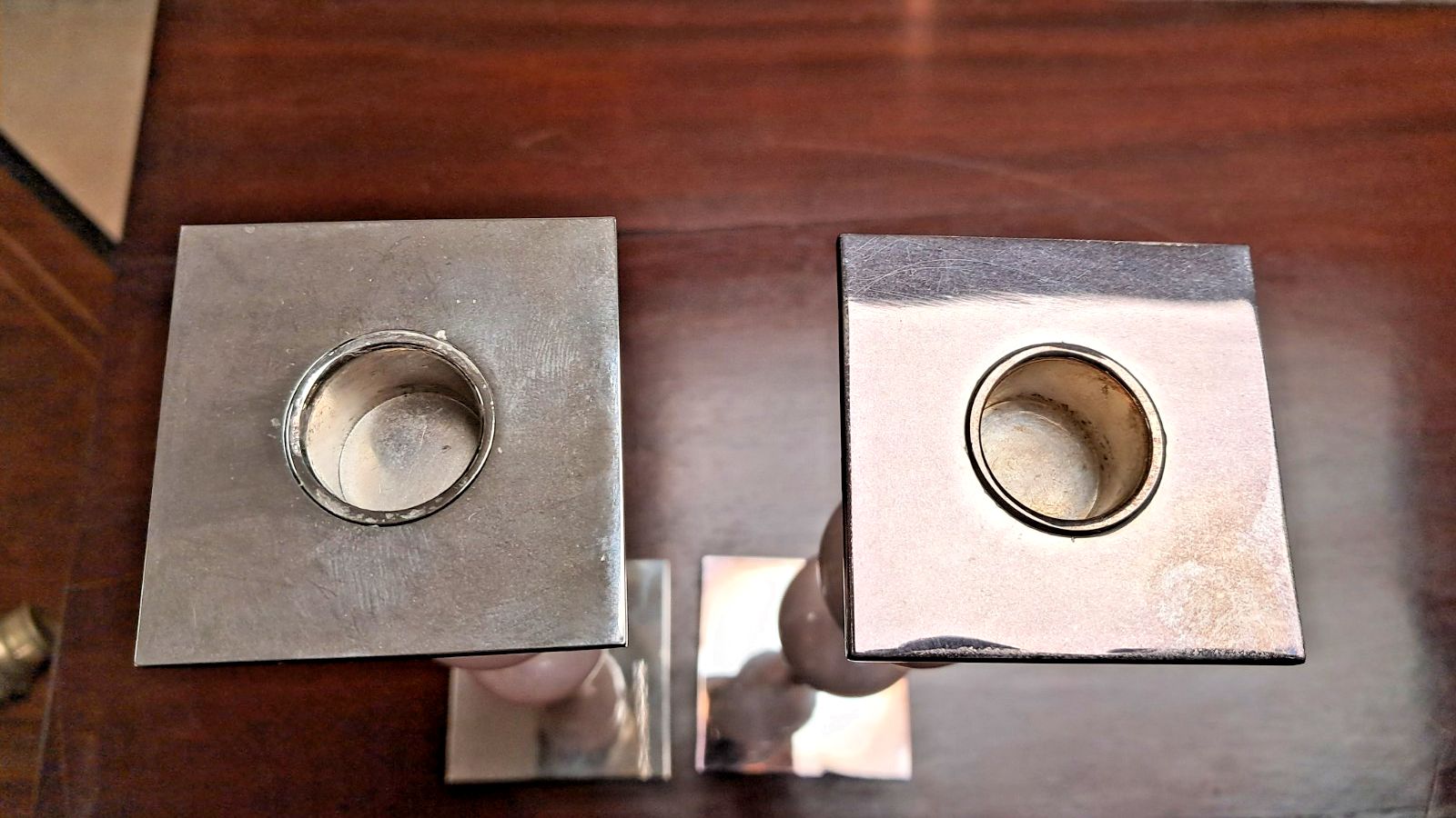 Pair Of Anna New York Chrome Metal & Pink Quartz Candlesticks As Found photo Home Decor