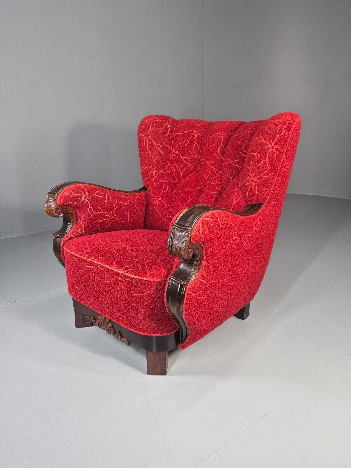 Vintage Art Deco Danish Lounge Chair Red Moquette 1930s Eb11394 Vclo