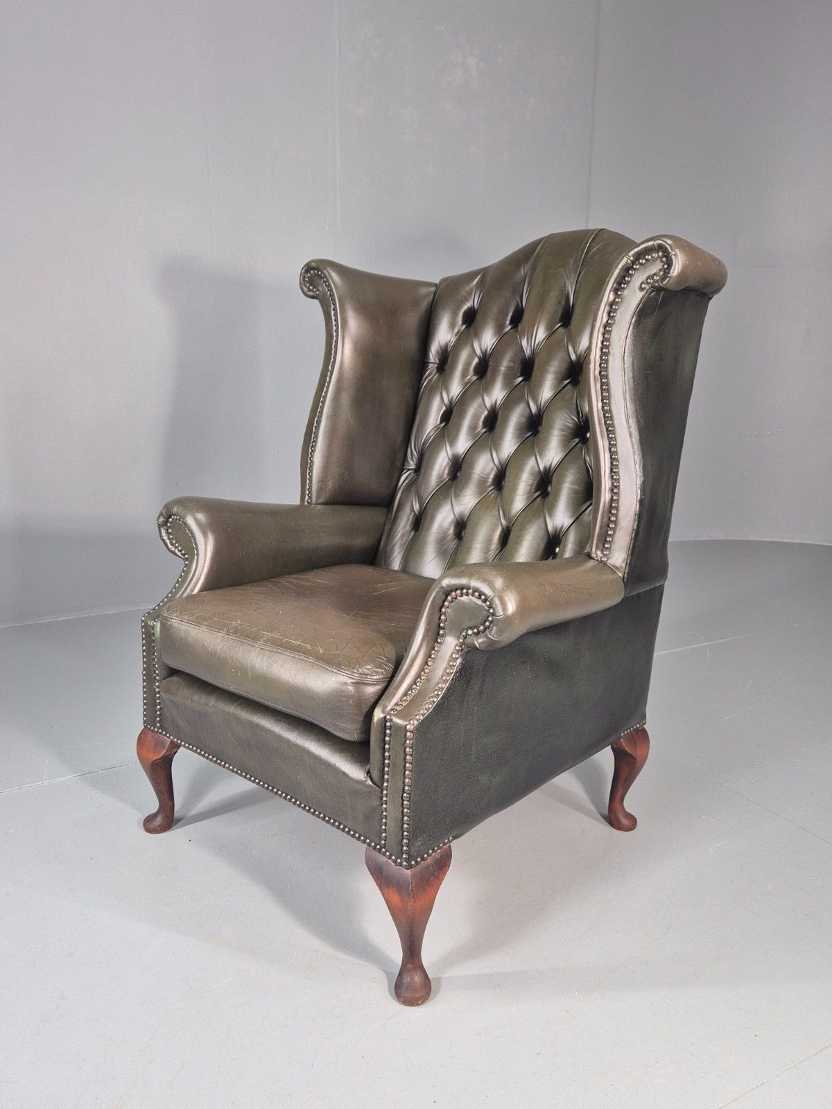 Vintage Wingback Leather Lounge Chair Queen Anne Style 1970s Retro Eb11532 Vlea