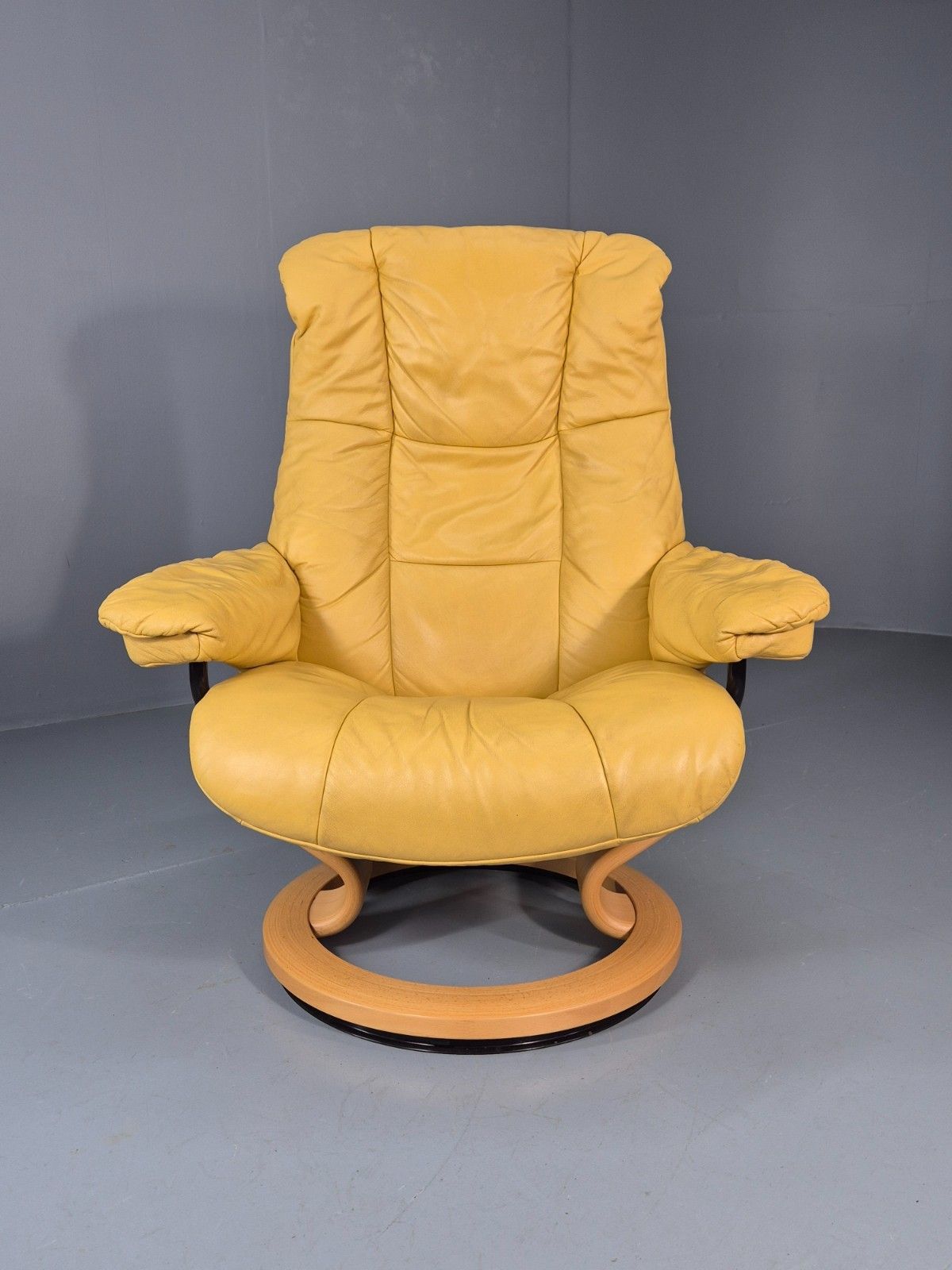 Stressless Swivel Recliner Chair  Ekornes Yellow Leather 1990s Eb11574 Mwoo photo for sale